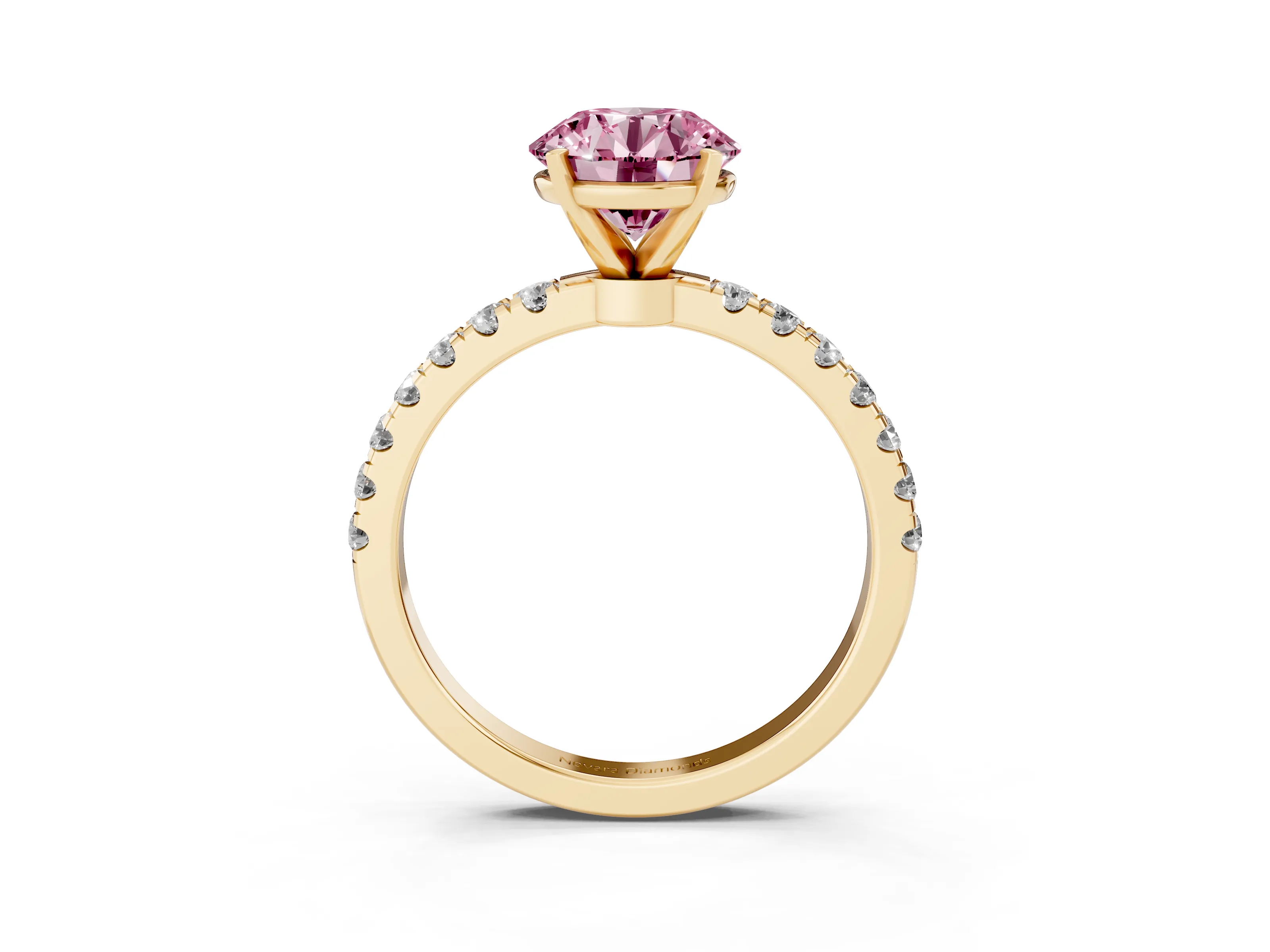 Fancy Pink Round Cut Diamond Solitaire Ring Set in Yellow gold with Pavé Accents and Prong Setting