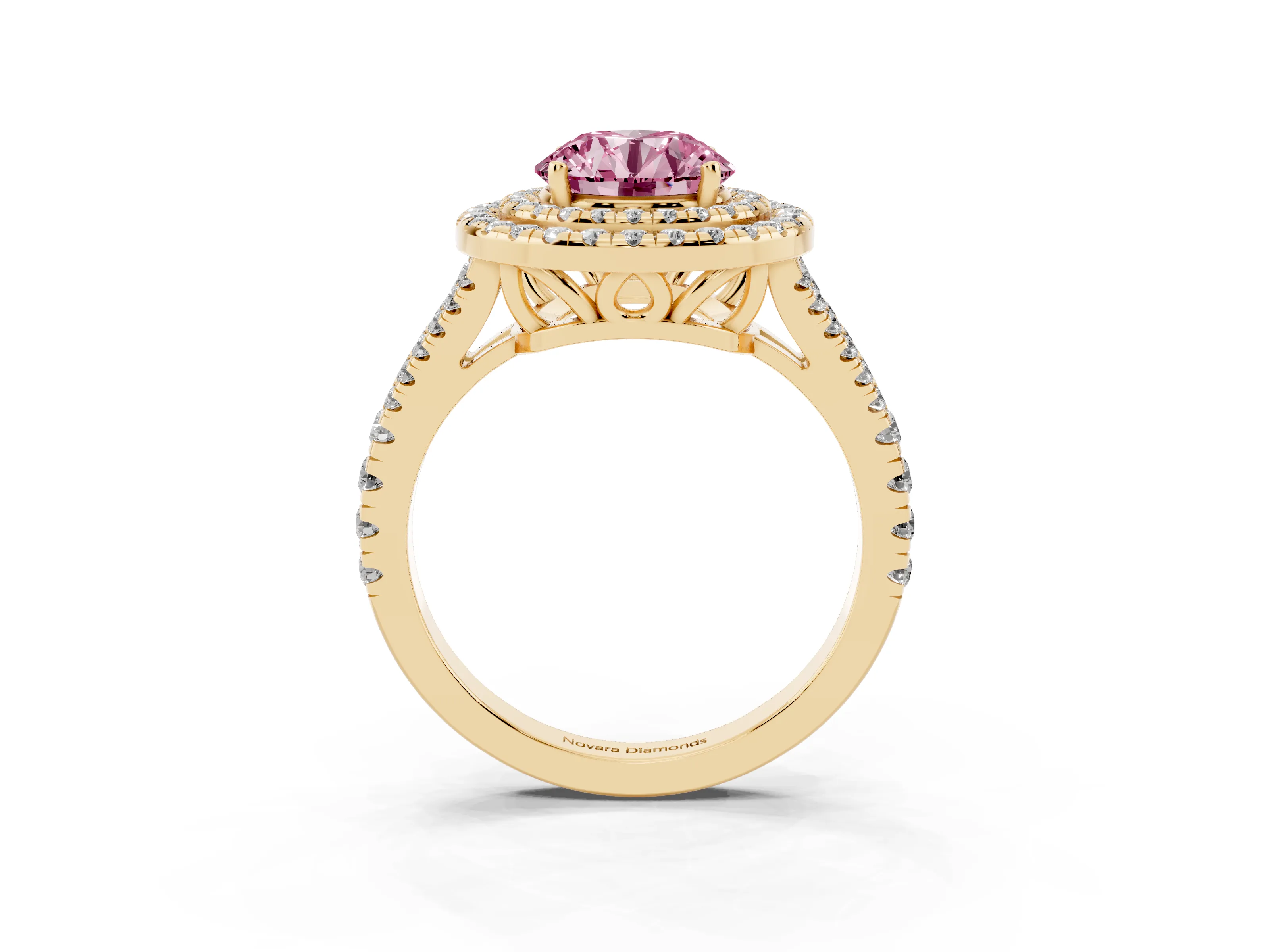 Fancy Pink Round Cut Diamond Double Halo Ring Set in Yellow gold with Pavé Band
