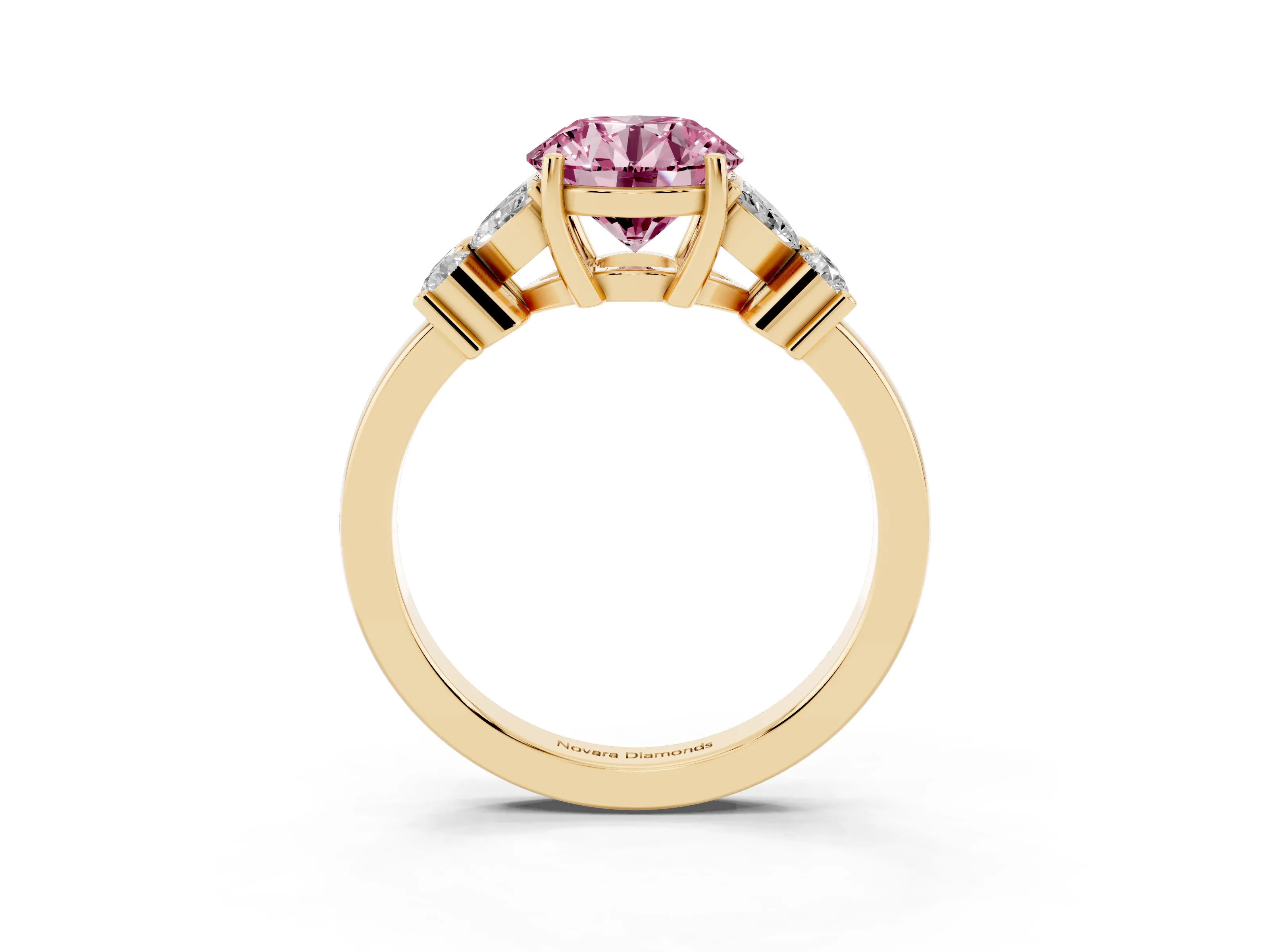 Fancy Pink Round Cut Diamond Floral Cluster Ring Set in Yellow gold with Marquise Petals and Prong Setting