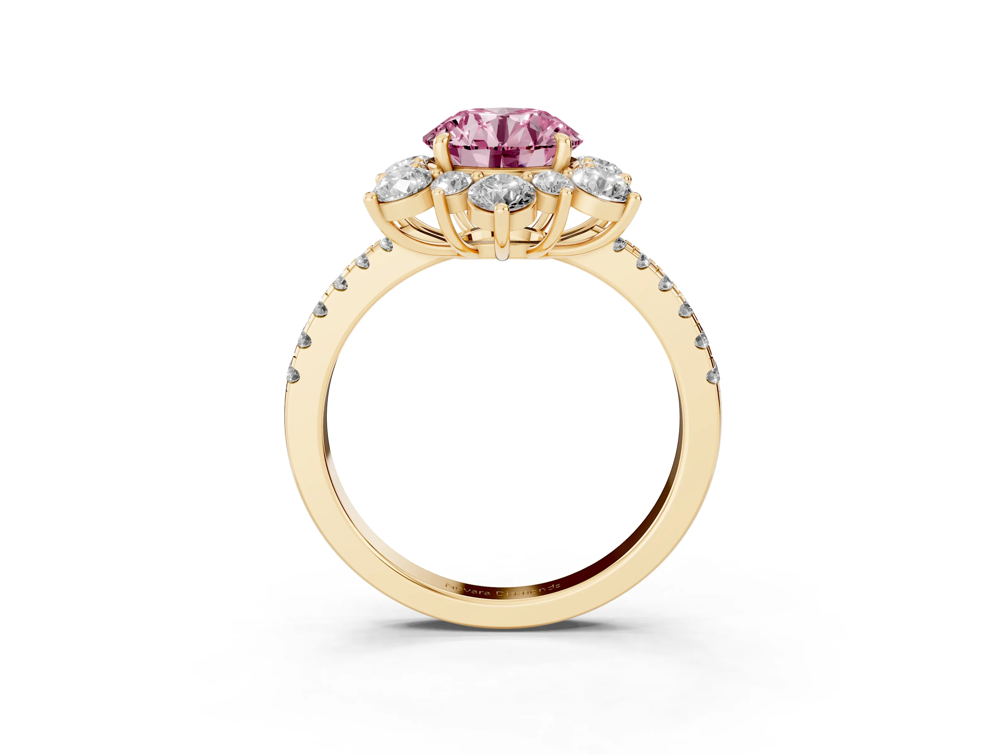 Fancy Pink Round Cut Diamond Floral Halo Ring Set in Yellow gold with Round Pavé Band and Prong Setting