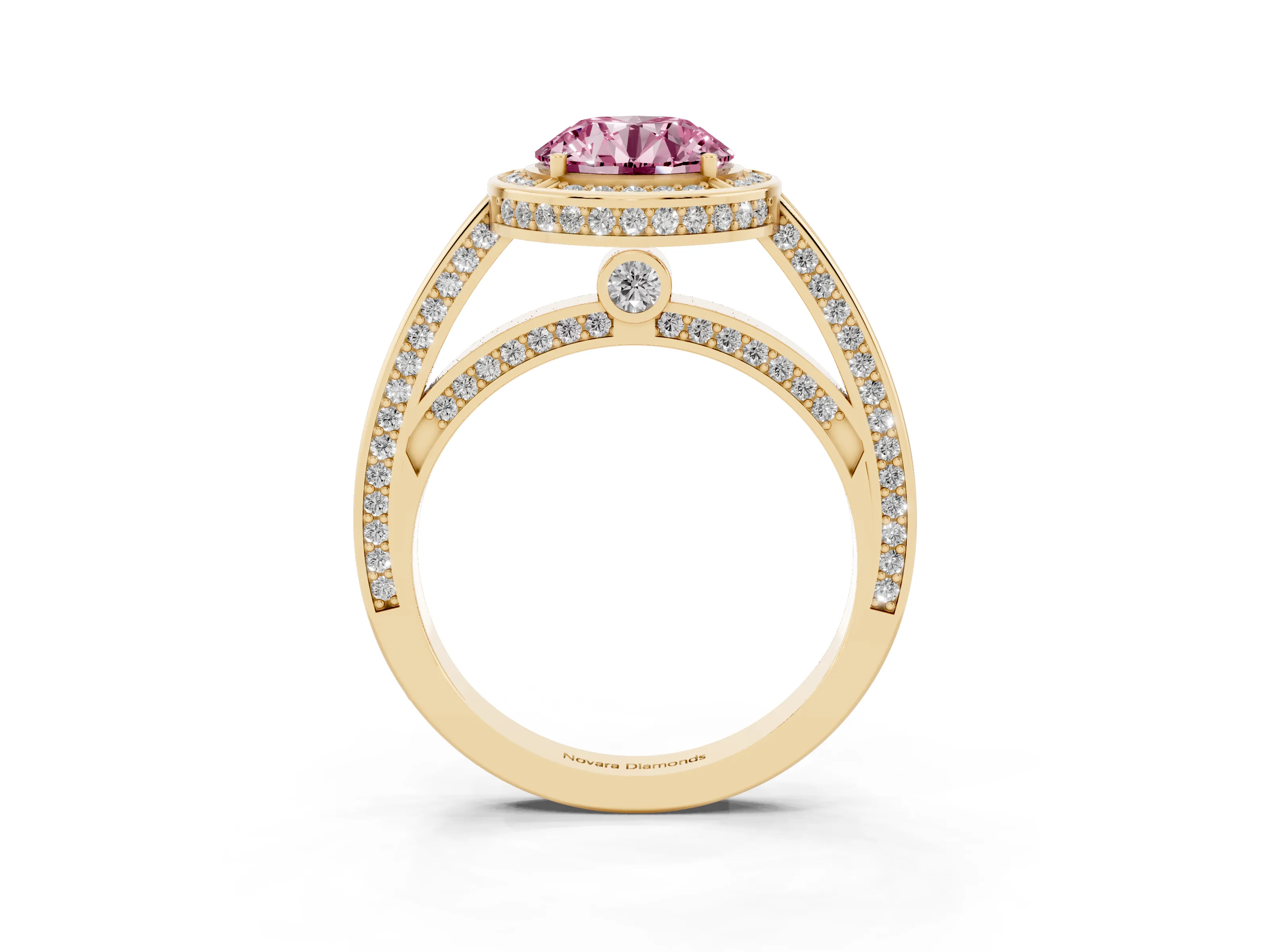 Fancy Pink Round Cut Diamond Halo Pavé Split Shank Ring Set in Yellow gold with Prong Setting