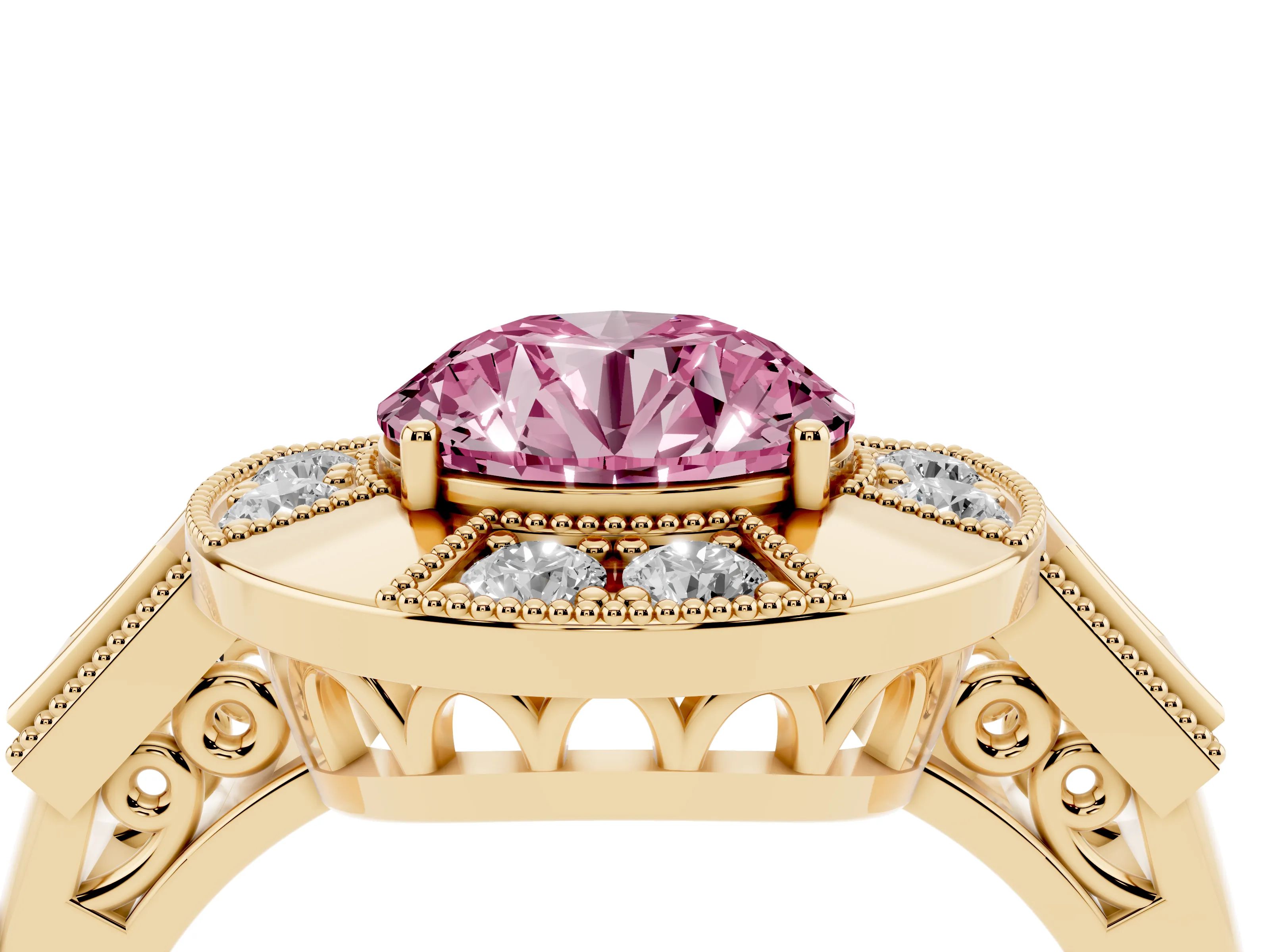 Fancy Pink Round Cut Diamond Milgrain Halo Ring Set in Yellow gold with Split Shank