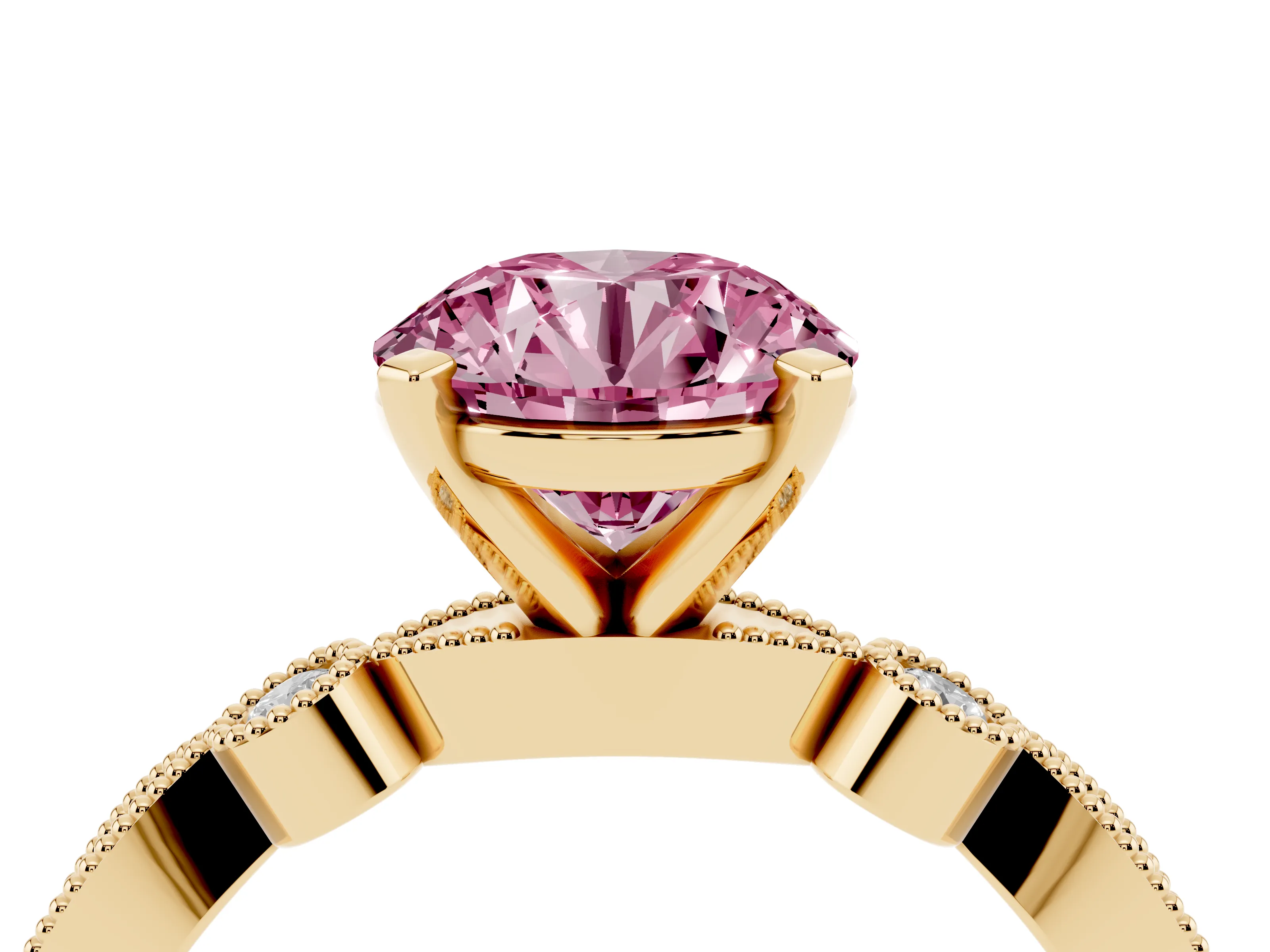 Fancy Pink Round Cut Diamond Solitaire Engagement Ring Set in Yellow gold with Milgrain Bezel Accent Band