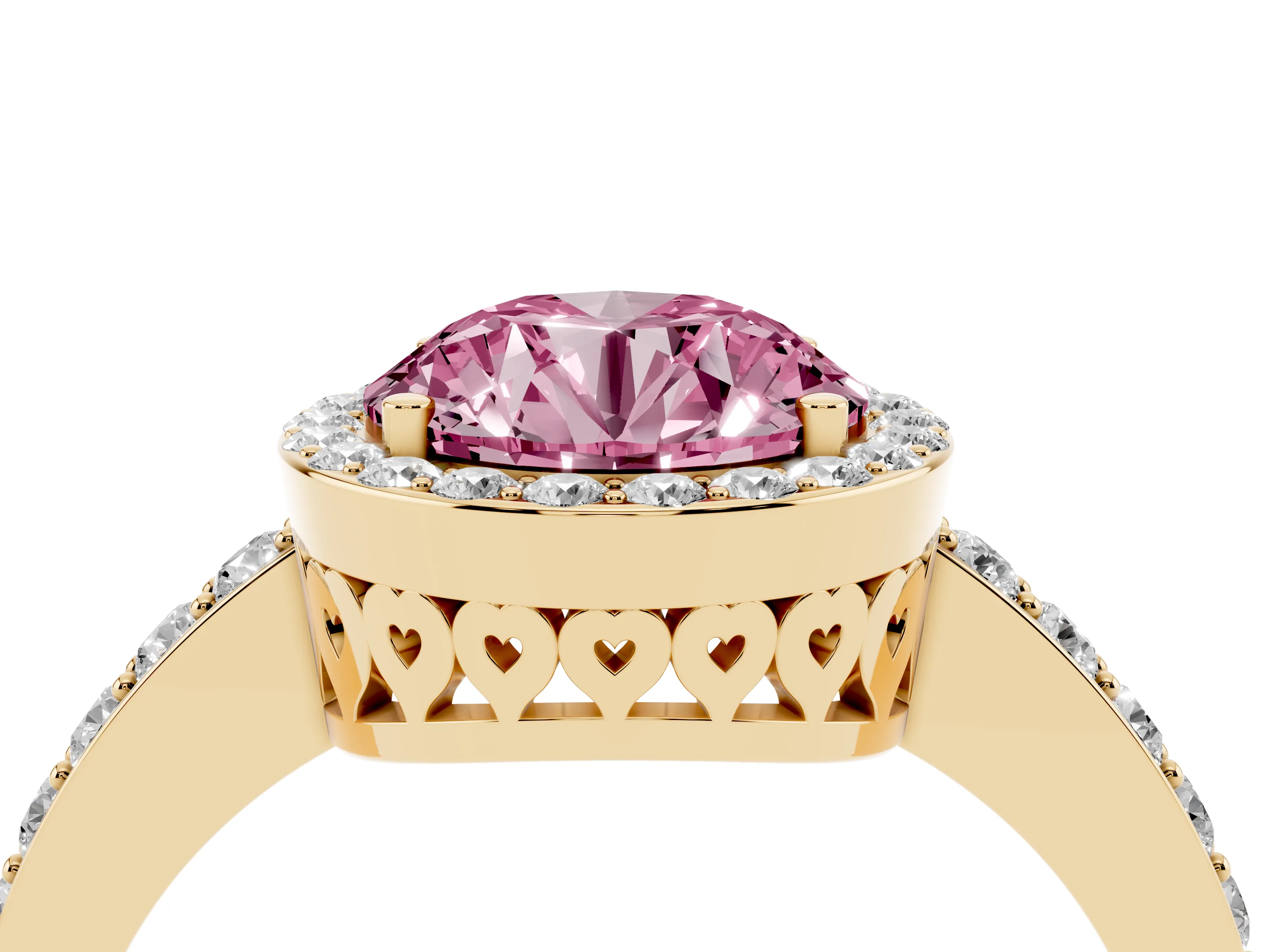 Fancy Pink Round Cut Diamond Halo Ring Set in Yellow gold with Pavé-Setting Band and Open Prong Center