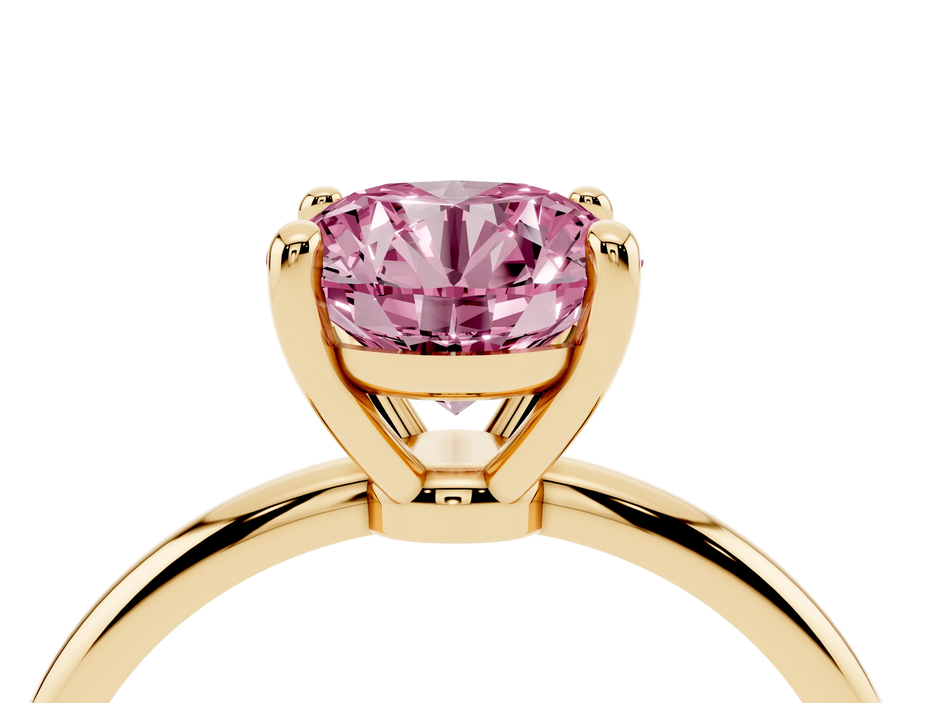 Fancy Pink Round Cut Diamond Solitaire Ring Set in Yellow gold with Secure Prong Setting on a Classic Band