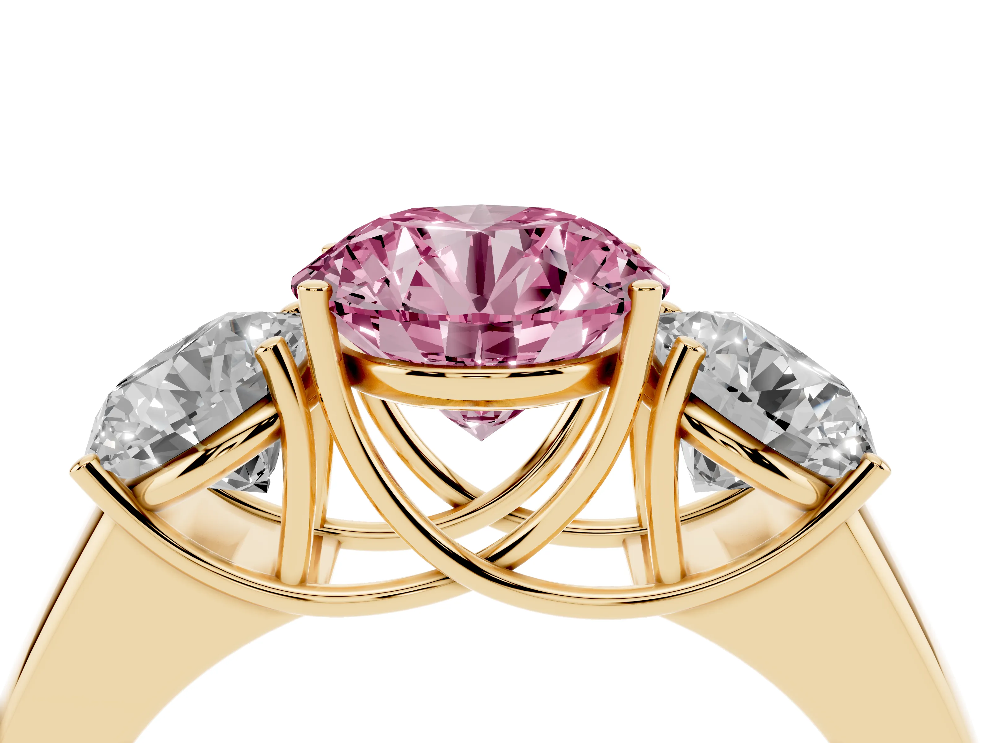 Fancy Pink Three-Stone Round Cut Diamond Ring Set in Yellow gold with Matching Prong Settings and Plain Band