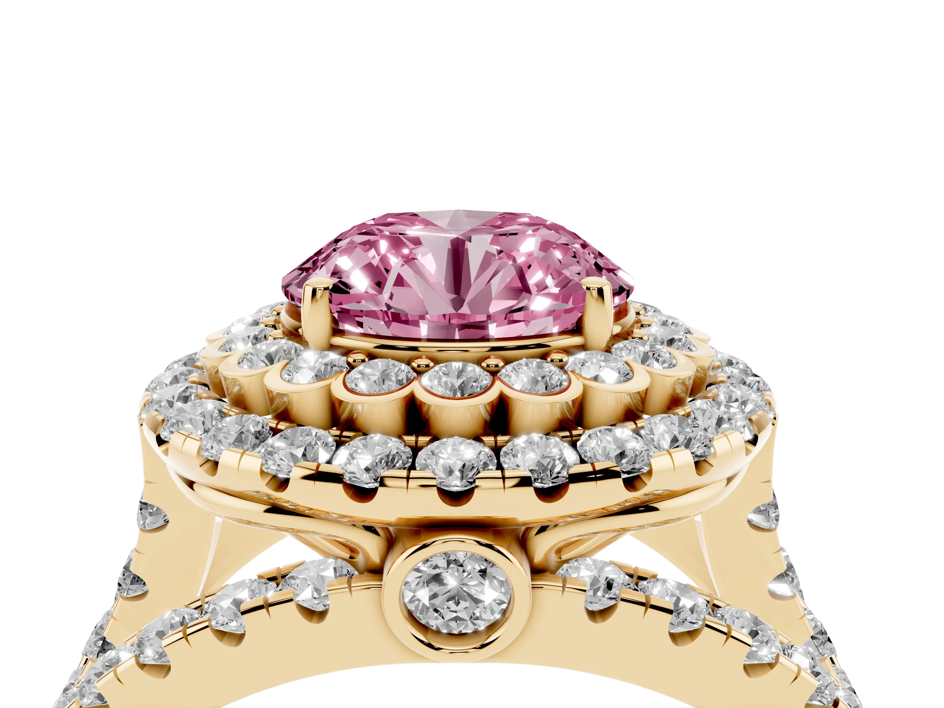 Fancy Pink Round Cut Diamond Double Halo Ring Set in Yellow gold with Round Pavé Split Shank