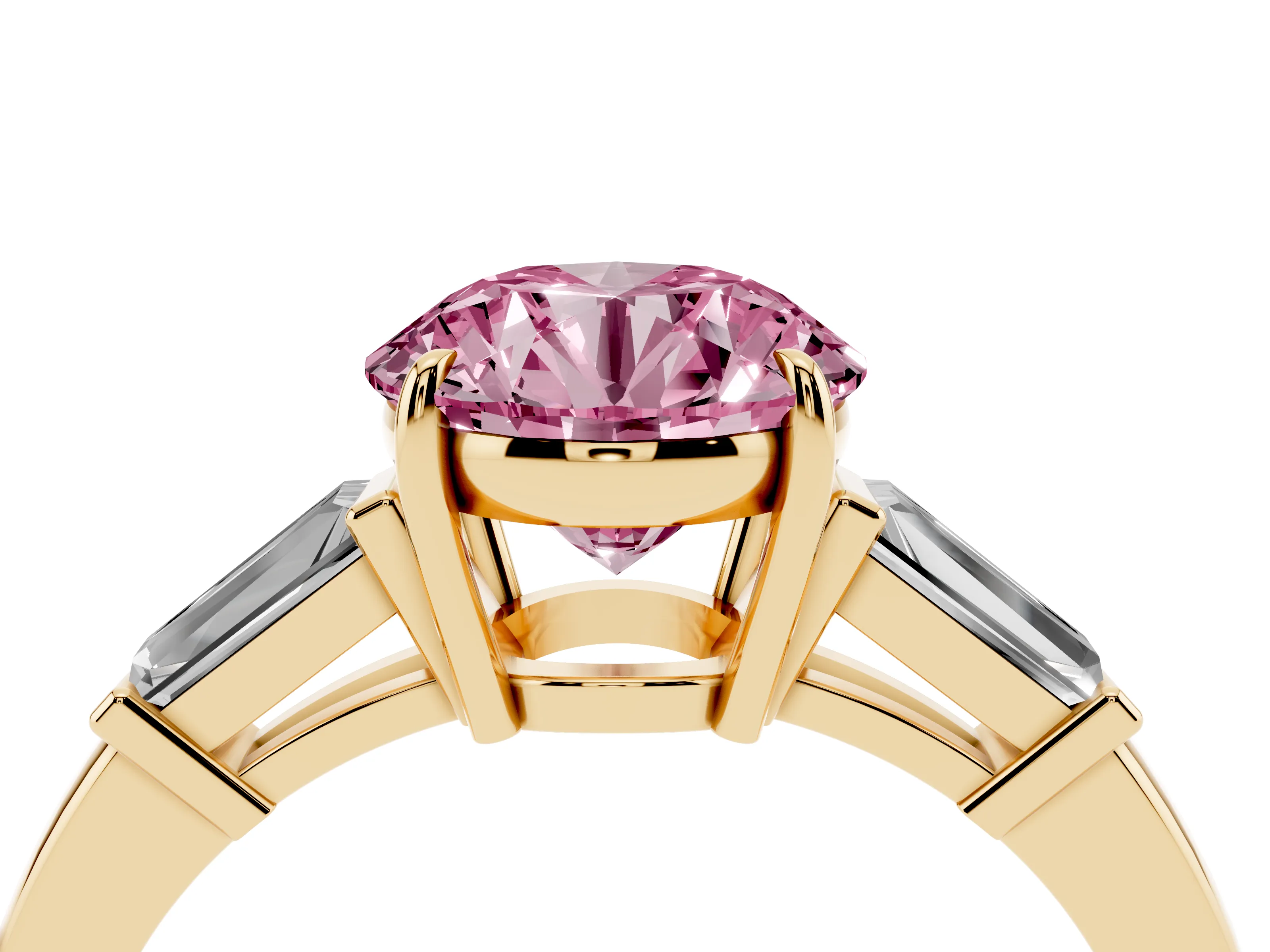 Fancy Pink Round Cut Diamond Three-Stone Ring Set in Yellow gold with Tapered Baguette Side Stones and Prong Setting