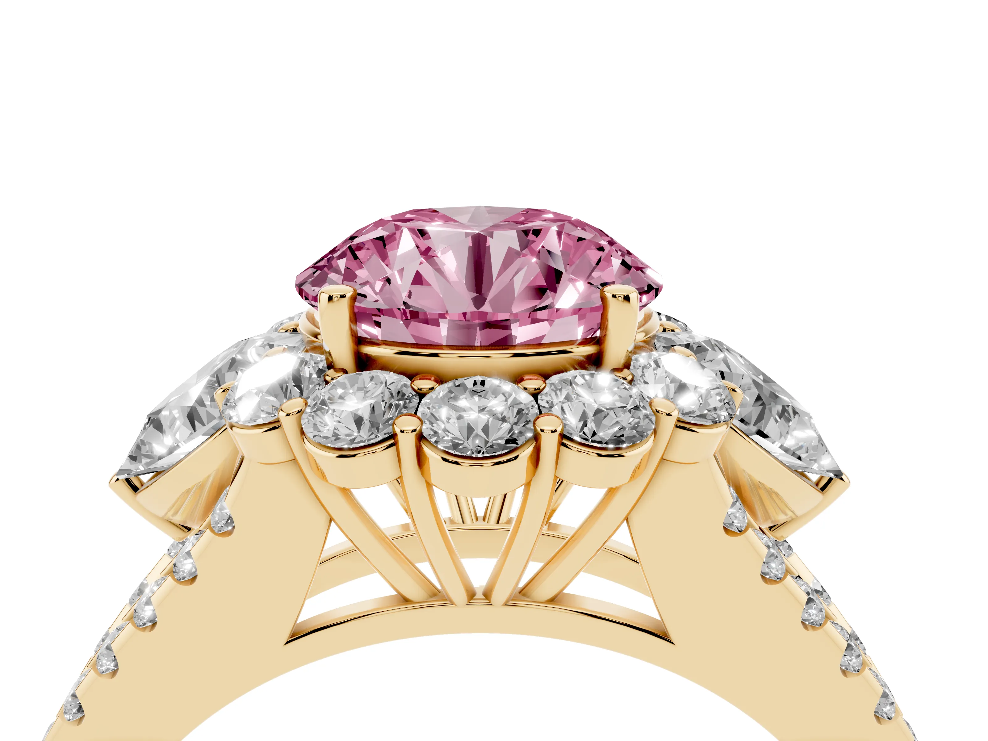 Fancy Pink Round Cut Diamond Halo Split Shank Engagement Ring Set in Yellow gold with Prong-Held Center Stone
