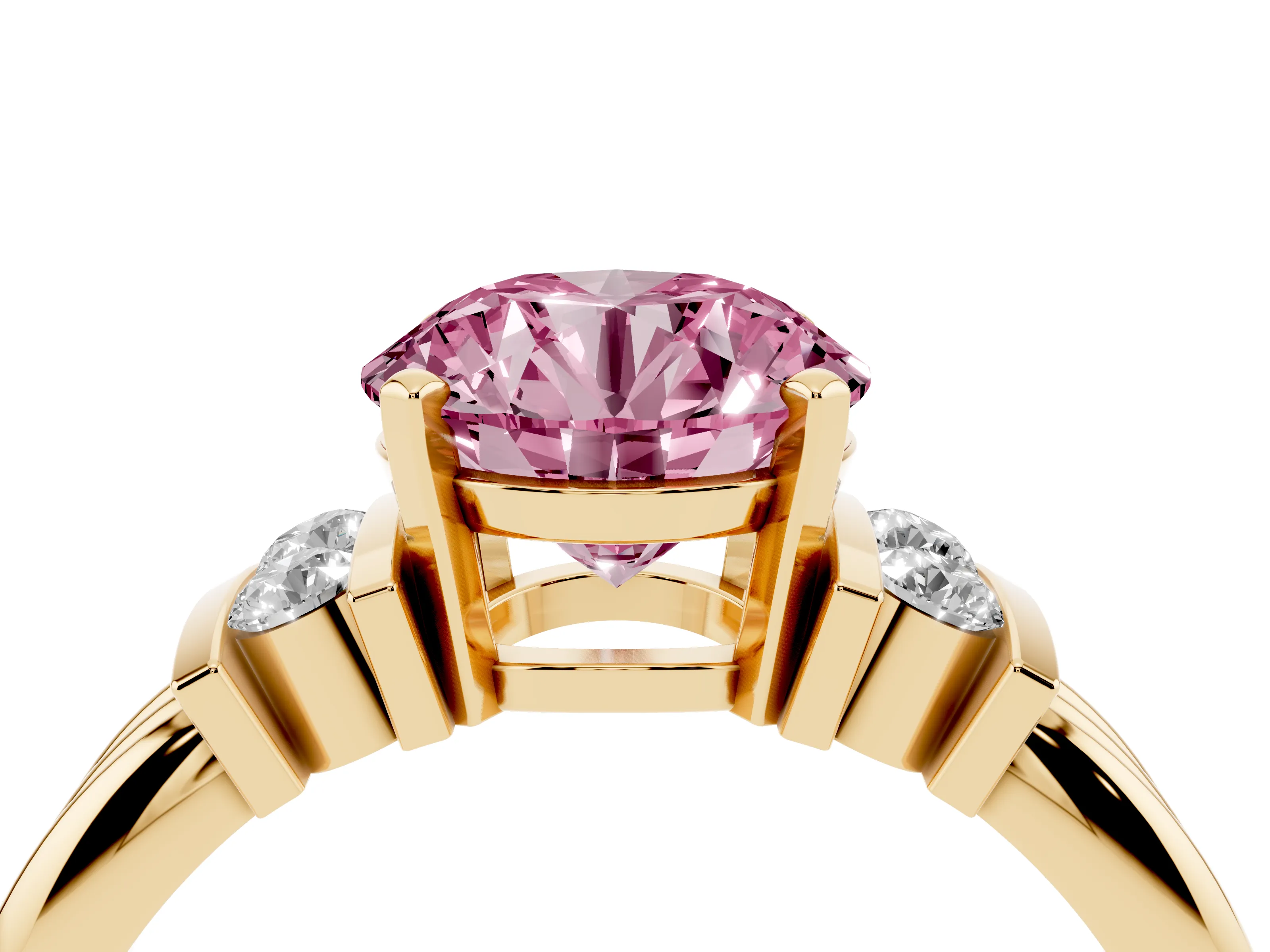 Fancy Pink Three-Stone Round Cut Diamond Channel Set Ring Set in Yellow gold with Bar Prongs