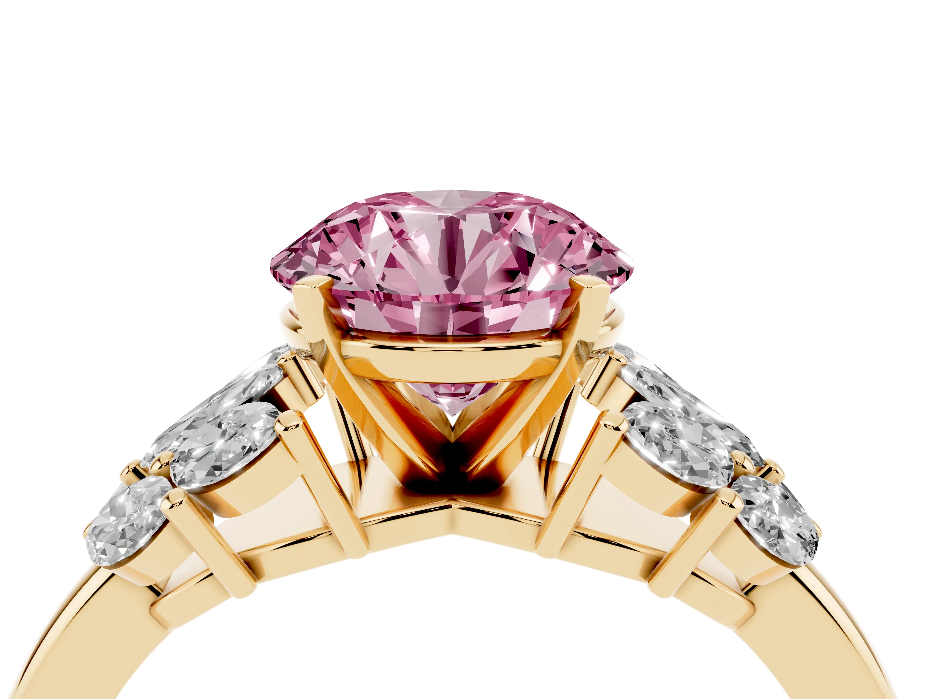 Fancy Pink Round Cut Diamond Cluster Leaf Design Ring Set in Yellow gold with Prong Setting
