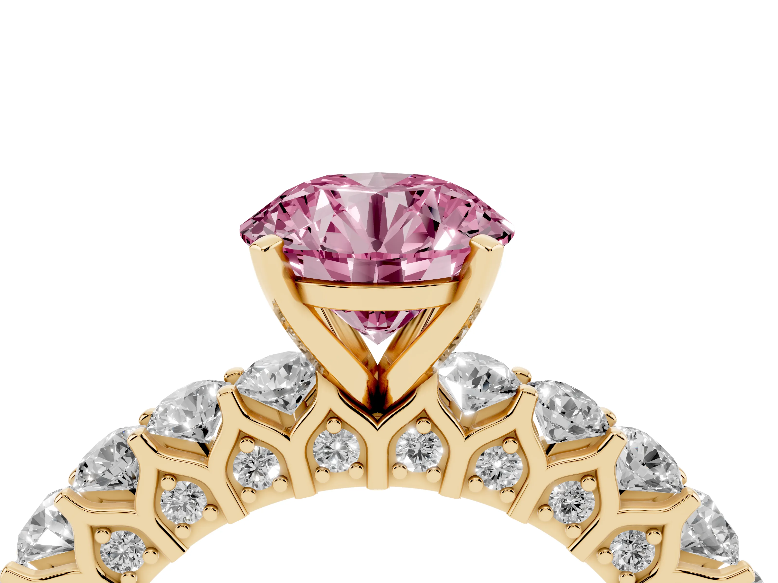 Fancy Pink Round Cut Diamond Solitaire Ring Set in Yellow gold with Shared Prong Pavé Band