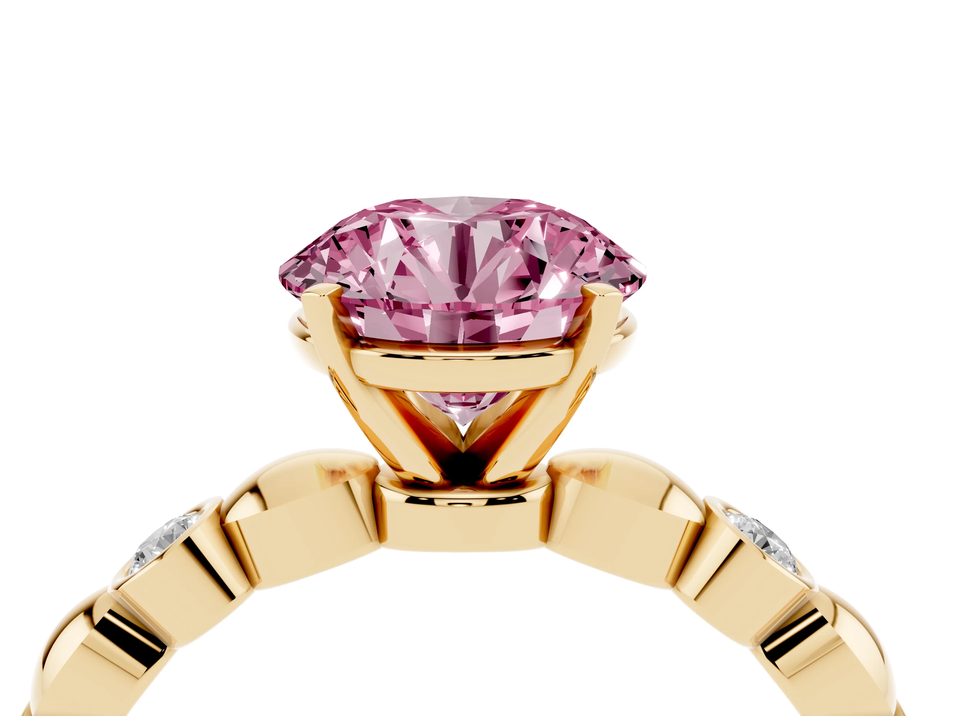 Fancy Pink Round Cut Diamond Solitaire Ring Set in Yellow gold with Bezel-Set Accents on Beaded Band and Prong Setting