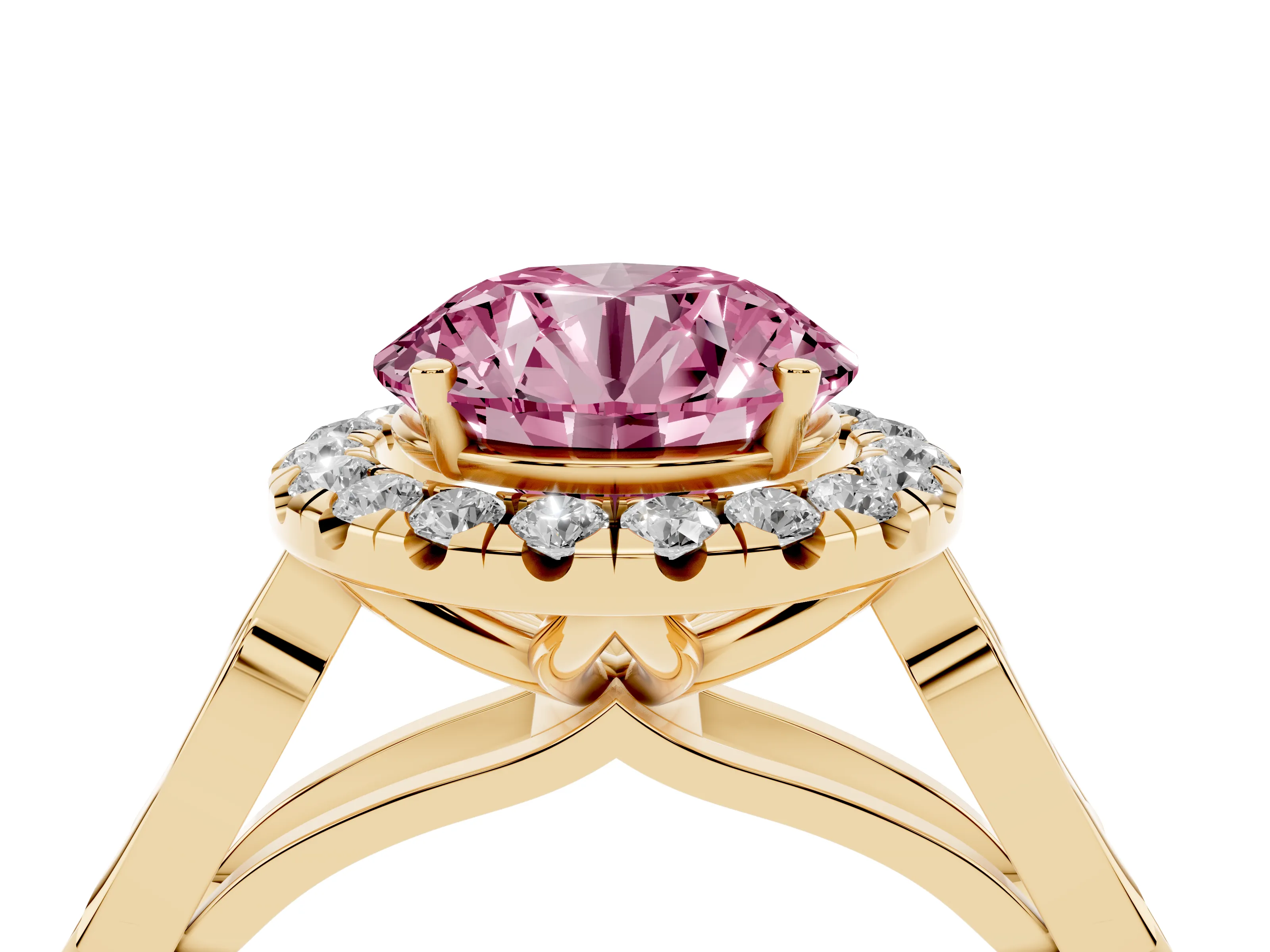 Fancy Pink Round Cut Diamond Halo Engagement Ring Set in Yellow gold with Filigree Band and Prong-Set Center