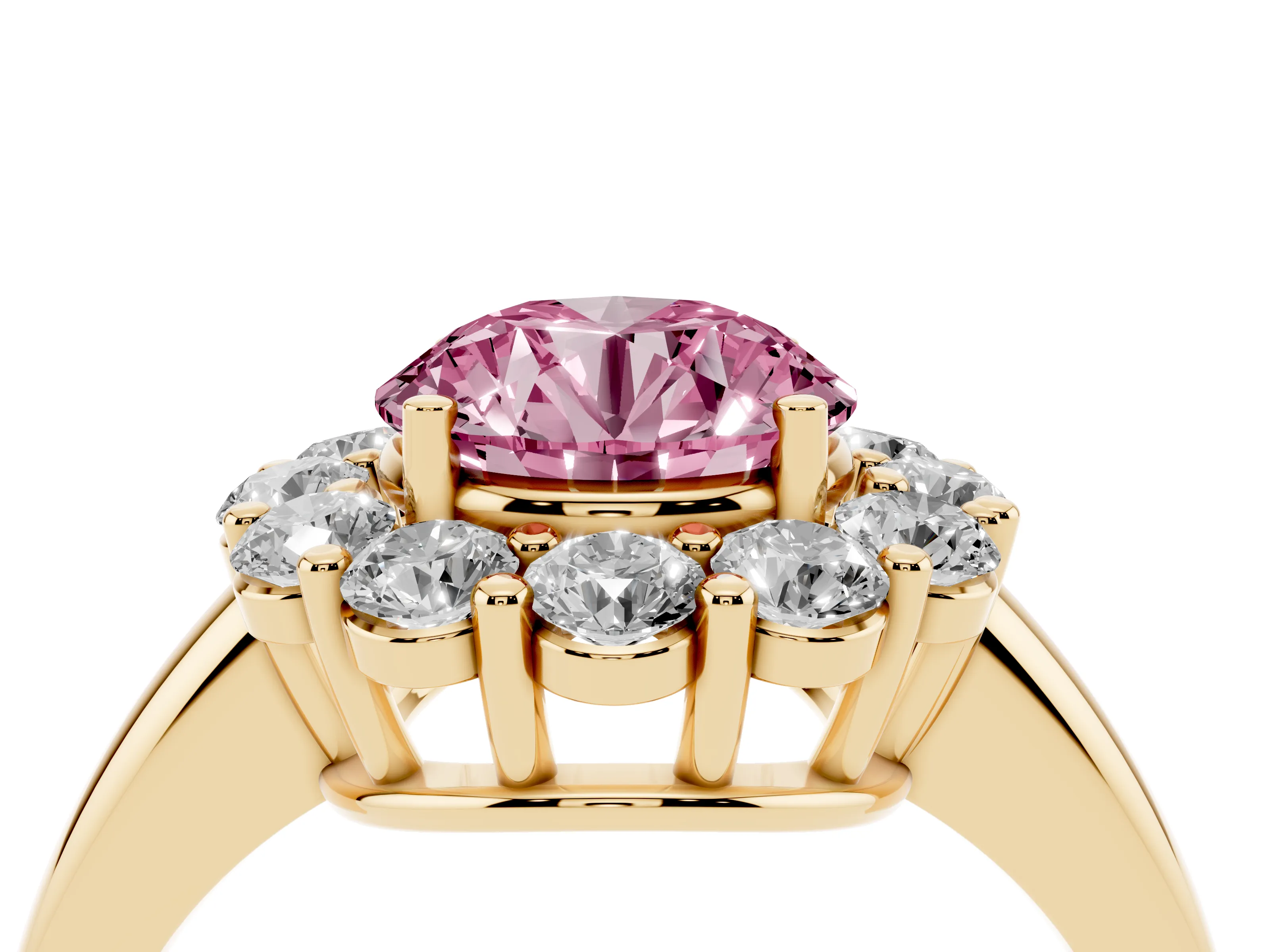 Fancy Pink Round Cut Diamond Halo Cluster Engagement Ring Set in Yellow gold with Polished Band and Prong Setting
