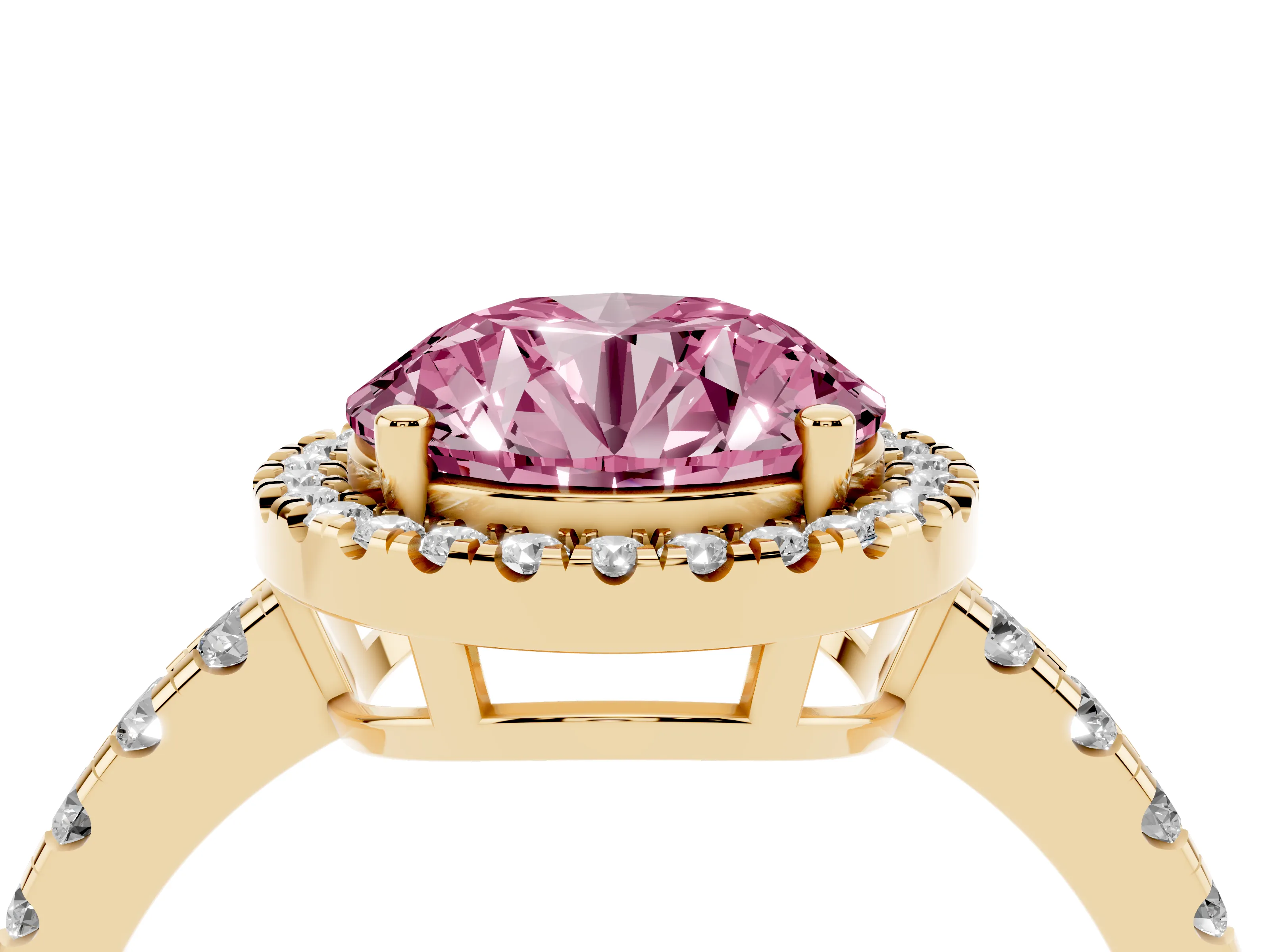 Fancy Pink Round Cut Diamond Halo Ring Set in Yellow gold with Delicate Pavé Band and Prong Setting