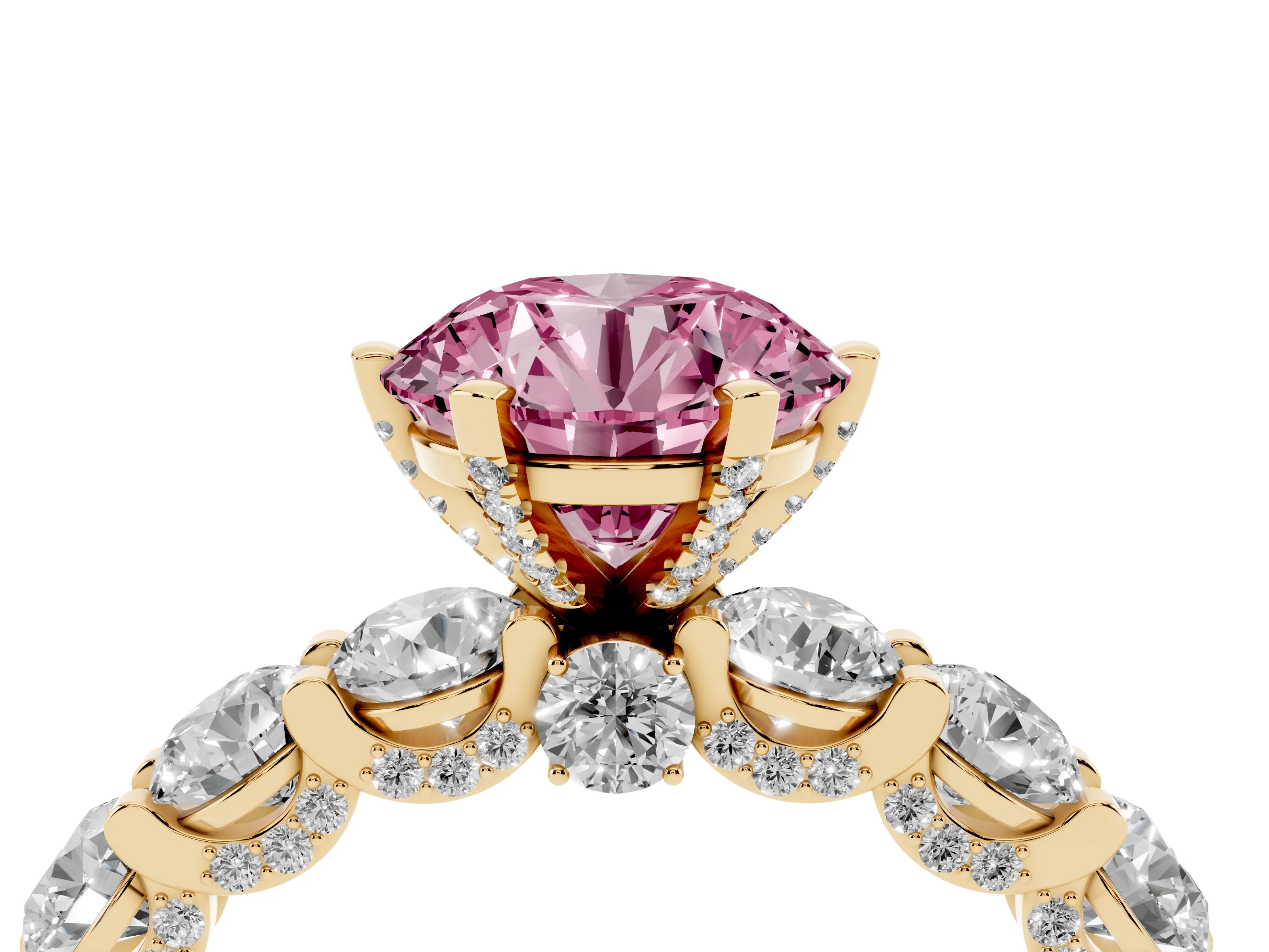 Fancy Pink Round Cut Diamond Side Stone Ring Set in Yellow gold with Alternating Round and Oval Side Stones