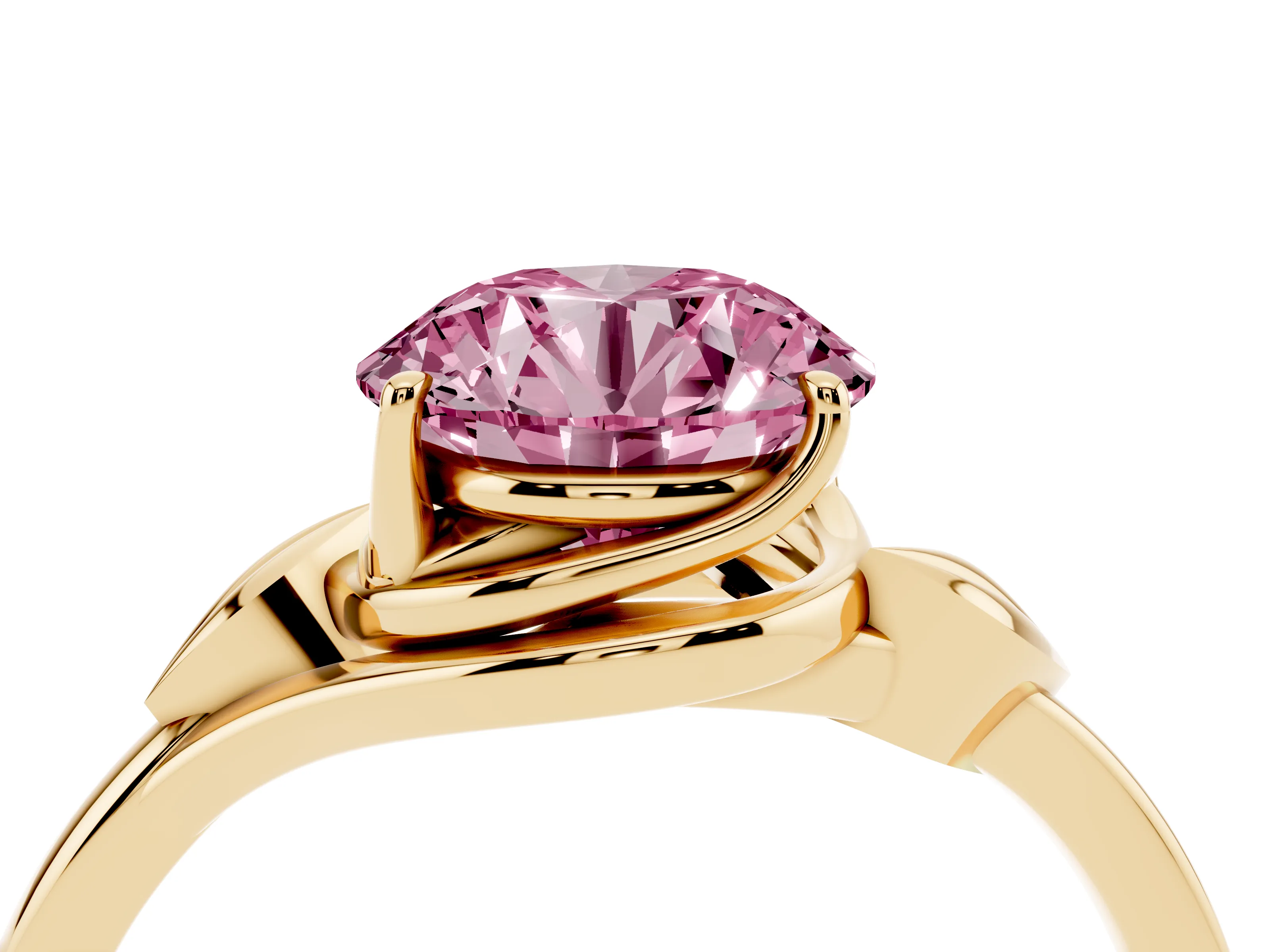 Fancy Pink Round Cut Diamond Solitaire Ring Set in Yellow gold with Polished Twist Band