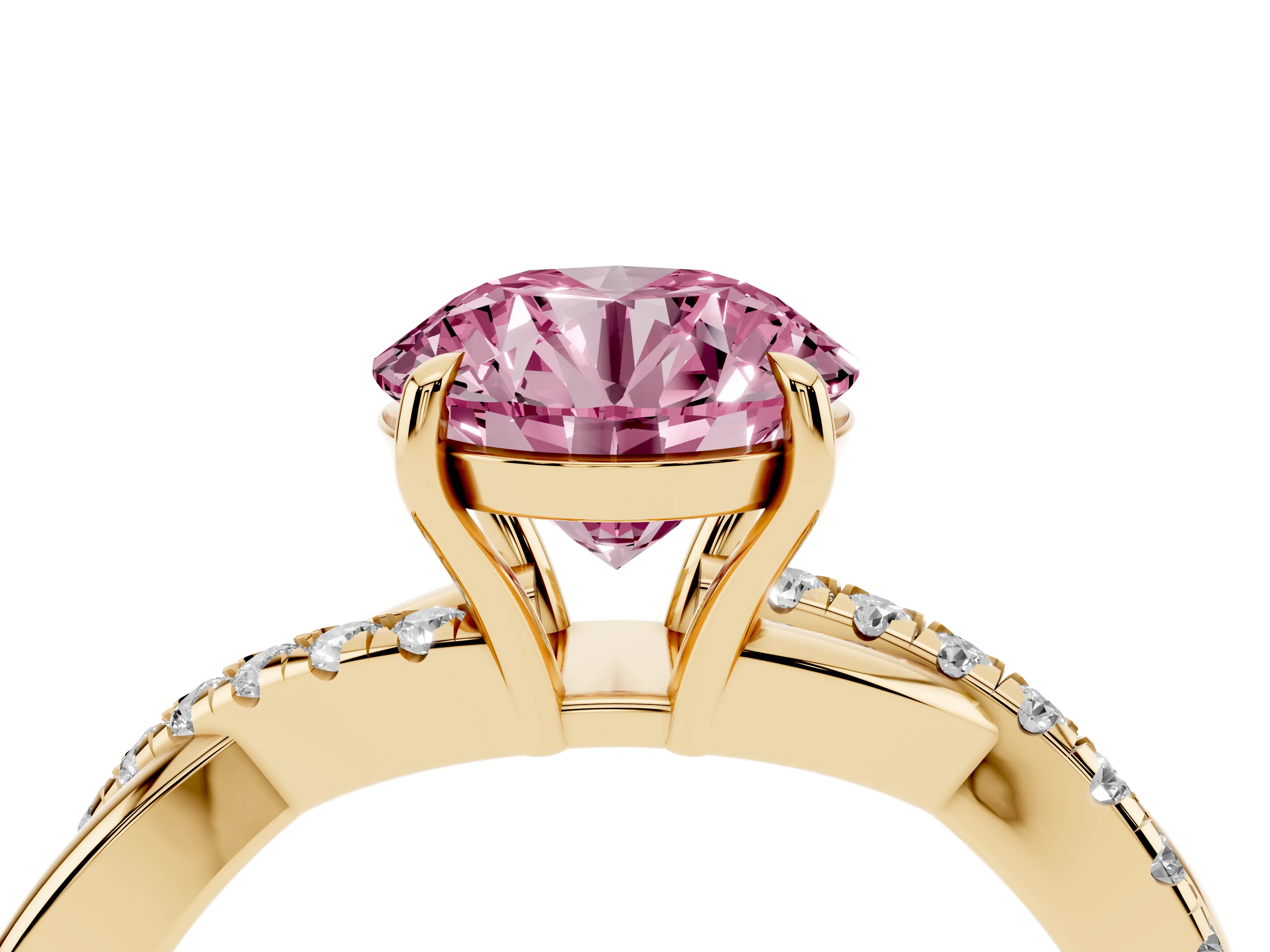 Fancy Pink Round Cut Diamond Twisted Pavé Band Ring Set in Yellow gold with Prong Setting