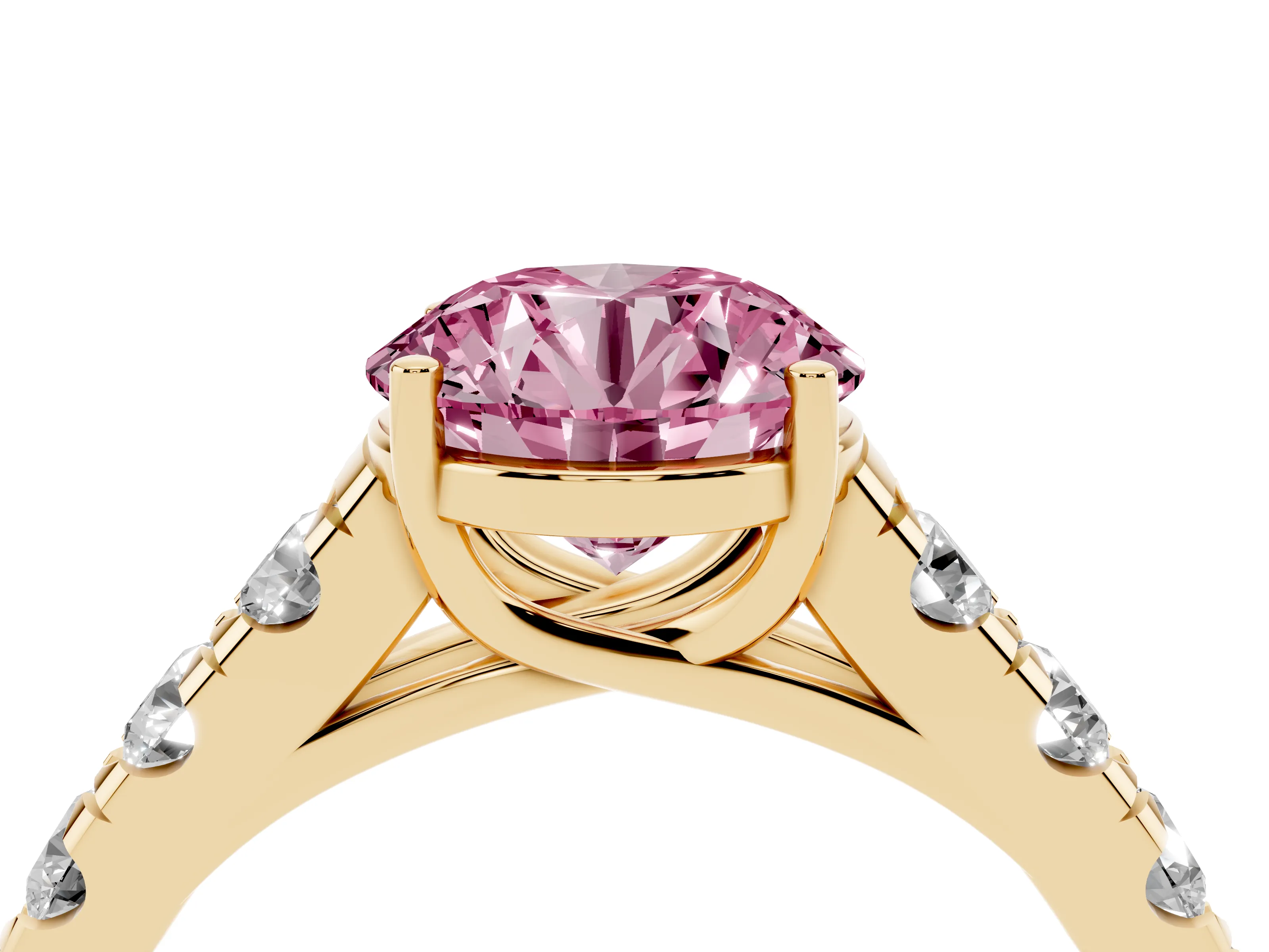 Fancy Pink Round Cut Diamond Solitaire Ring Set in Yellow gold with Cut-Down Micro Pavé Band and Prong Setting