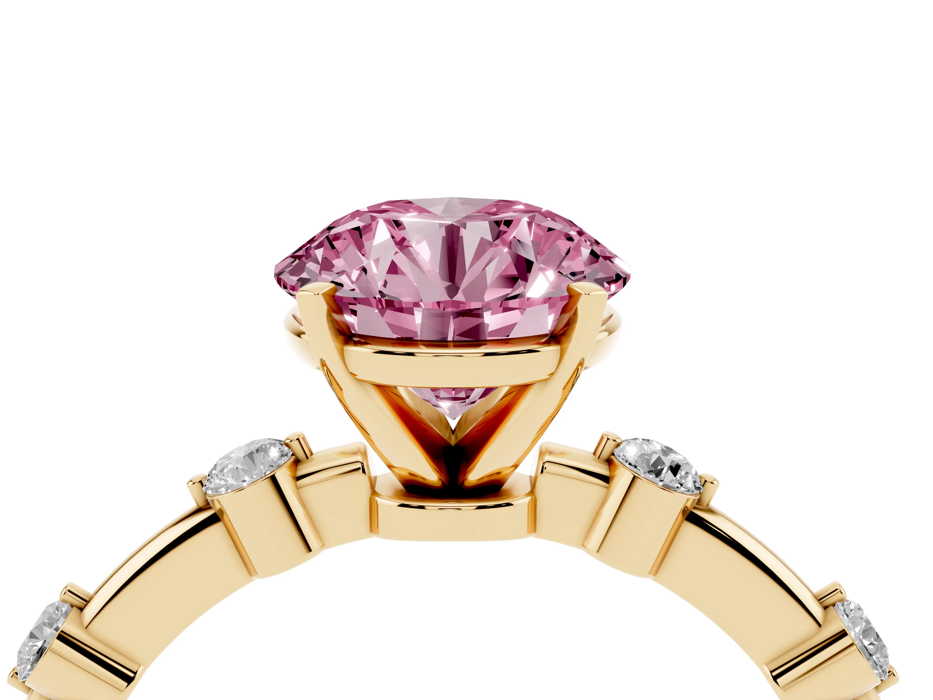 Fancy Pink Round Cut Diamond Solitaire Ring Set in Yellow gold with Bezel Set Side Stones and Prong Setting