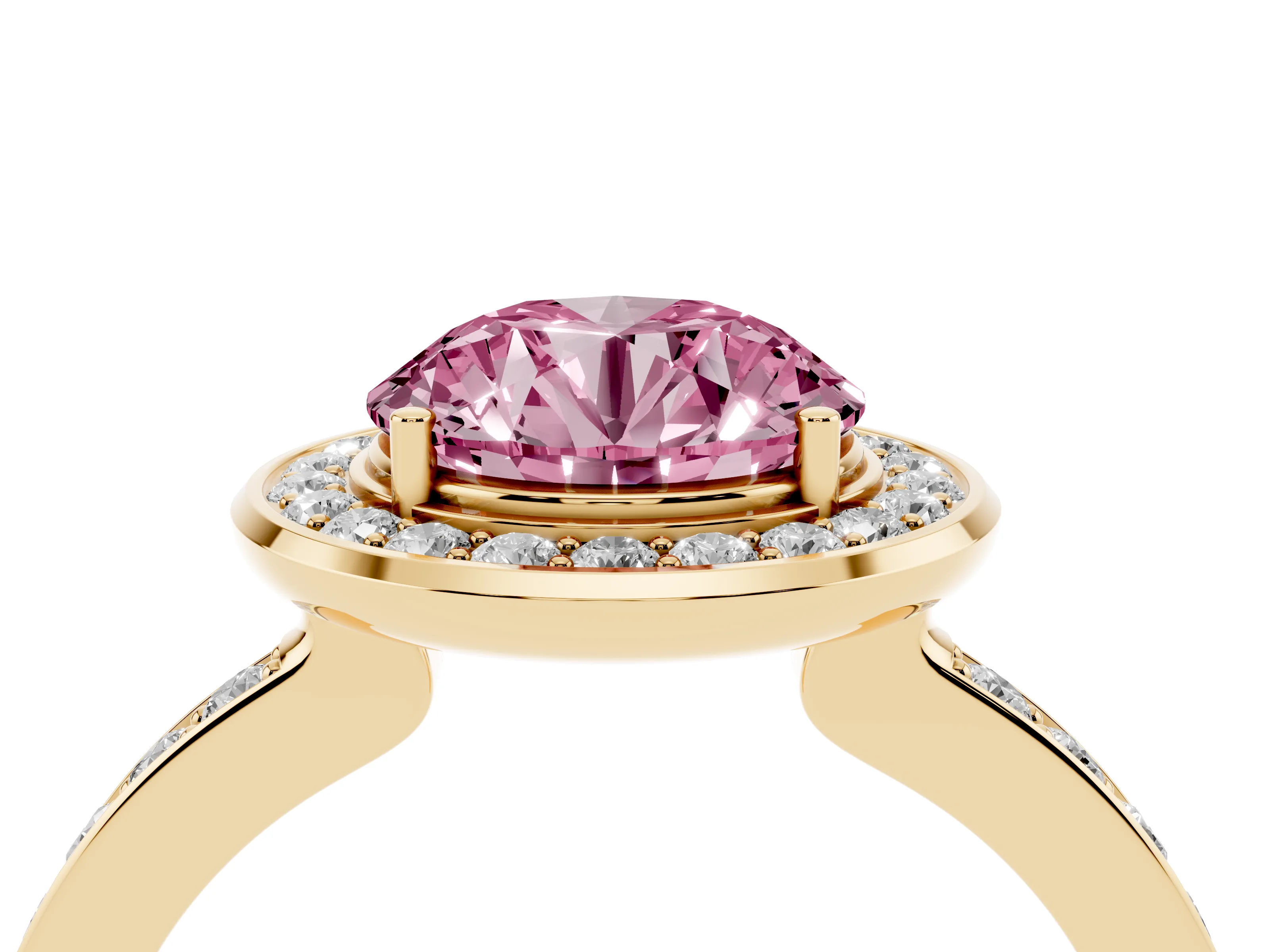 Fancy Pink Round Cut Diamond Halo Ring Set in Yellow gold with Bezel Frame and Pavé Band