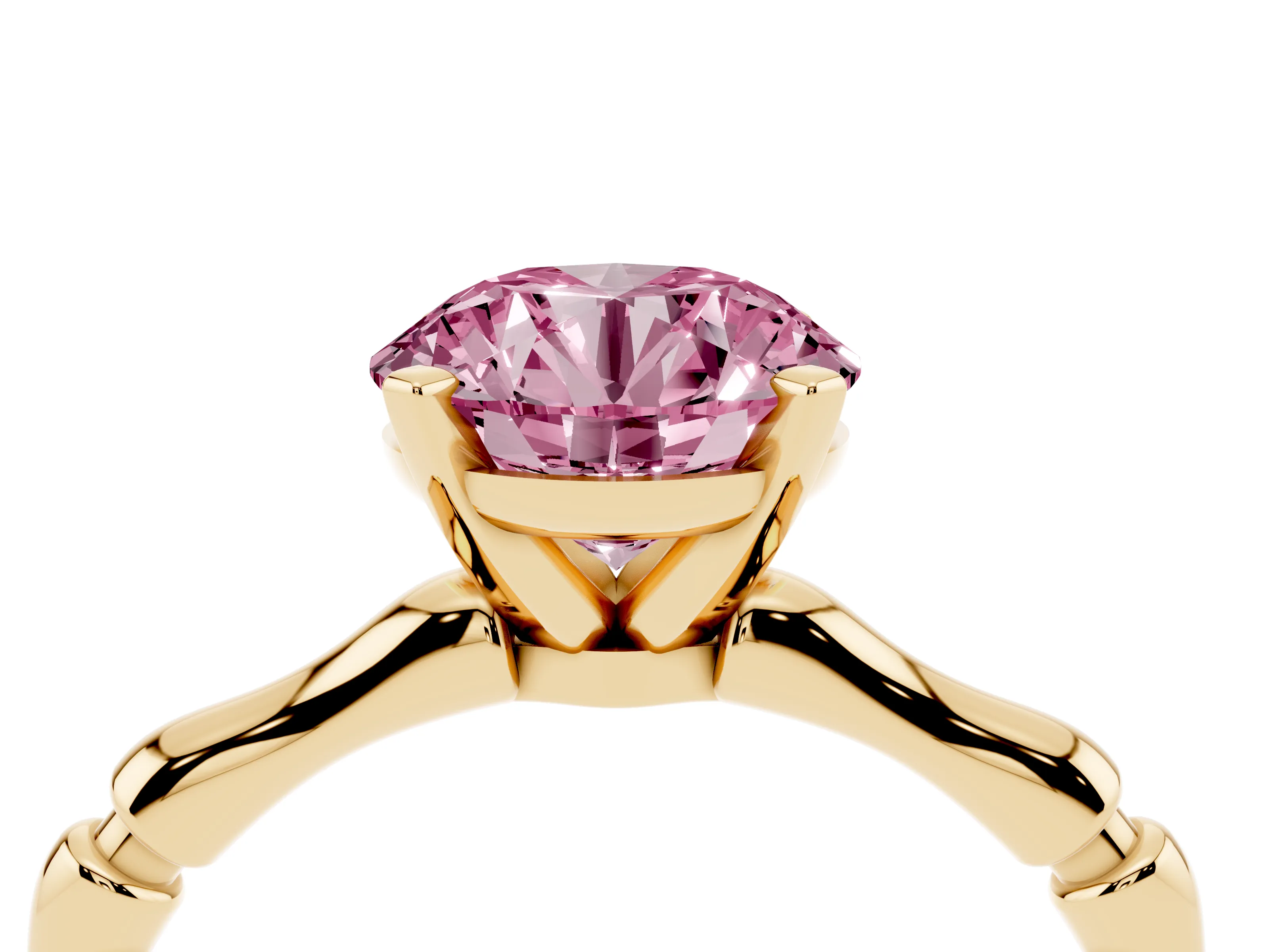 Fancy Pink Round Cut Diamond Solitaire Ring Set in Yellow gold with Bamboo Band and Prong Setting