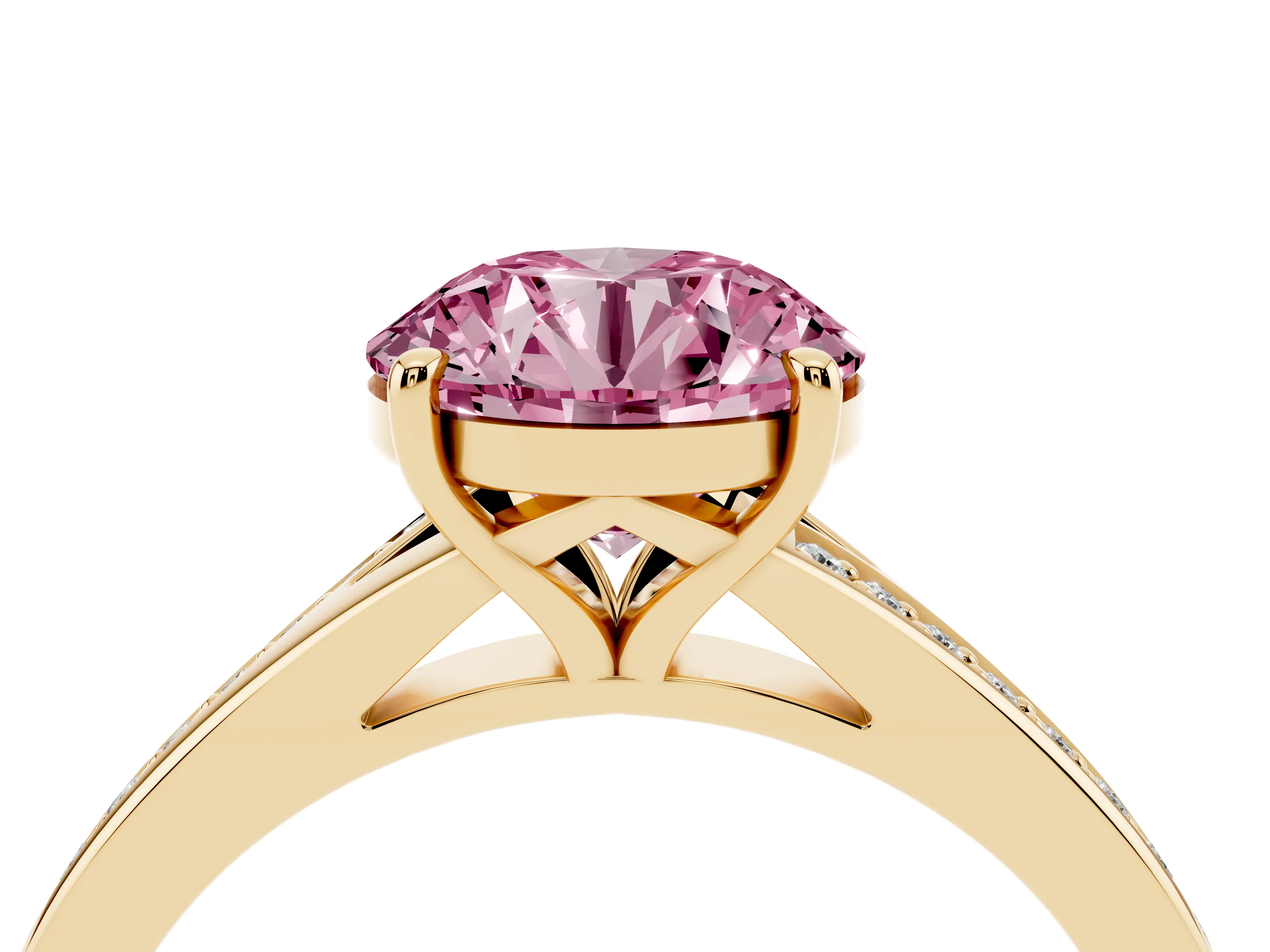 Fancy Pink Round Cut Diamond Solitaire Ring Set in Yellow gold with Pavé Accent Band and Classic Prong Setting