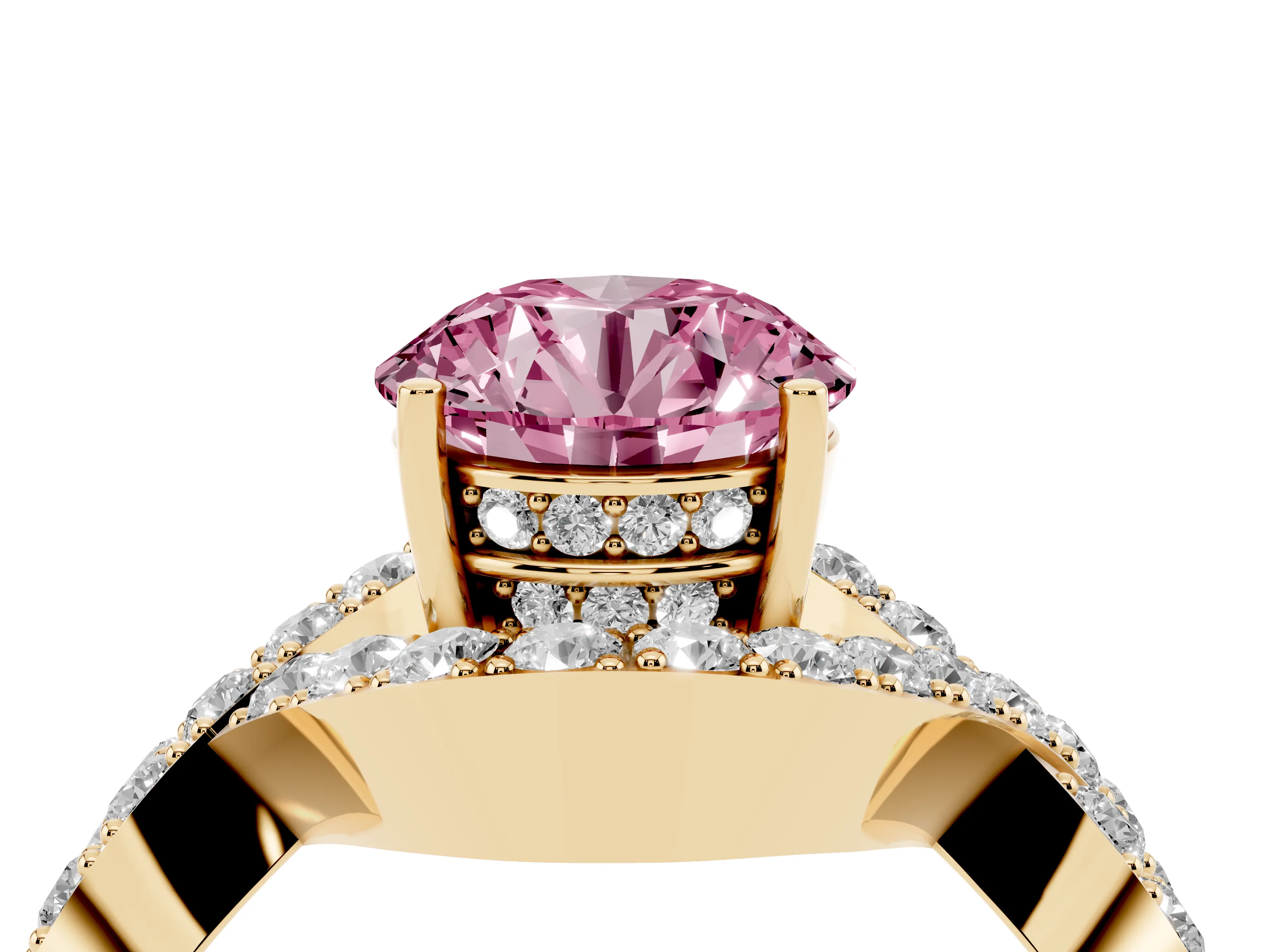 Fancy Pink Round Cut Diamond Solitaire Twist Band Pavé Engagement Ring Set in Yellow gold