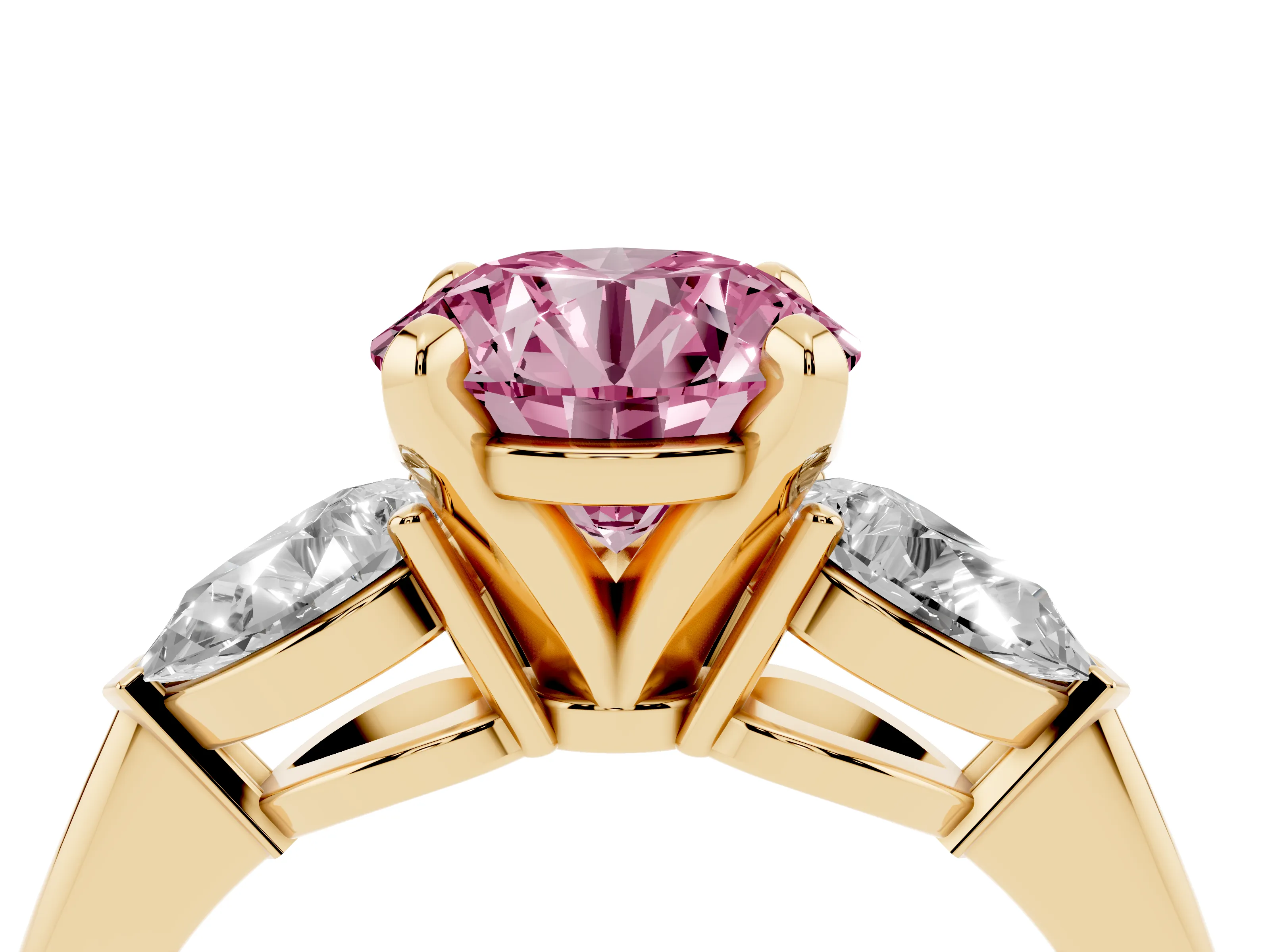Fancy Pink Three-Stone Round Cut Diamond Ring Set in Yellow gold with Pear Side Stones and Prong Setting