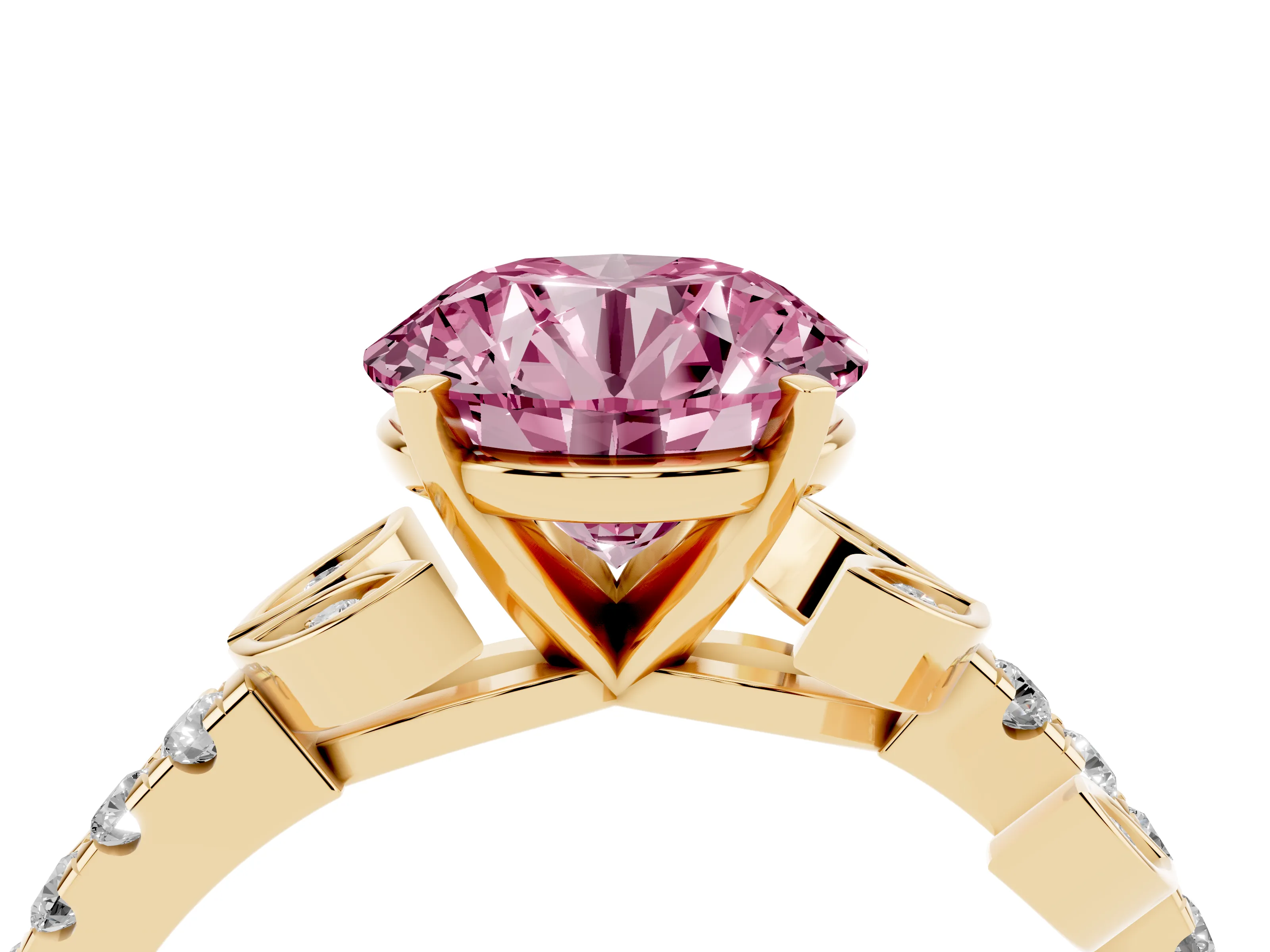 Fancy Pink Round Cut Diamond Solitaire Leaf-Inspired Ring Set in Yellow gold with Pavé Band and Prong Setting