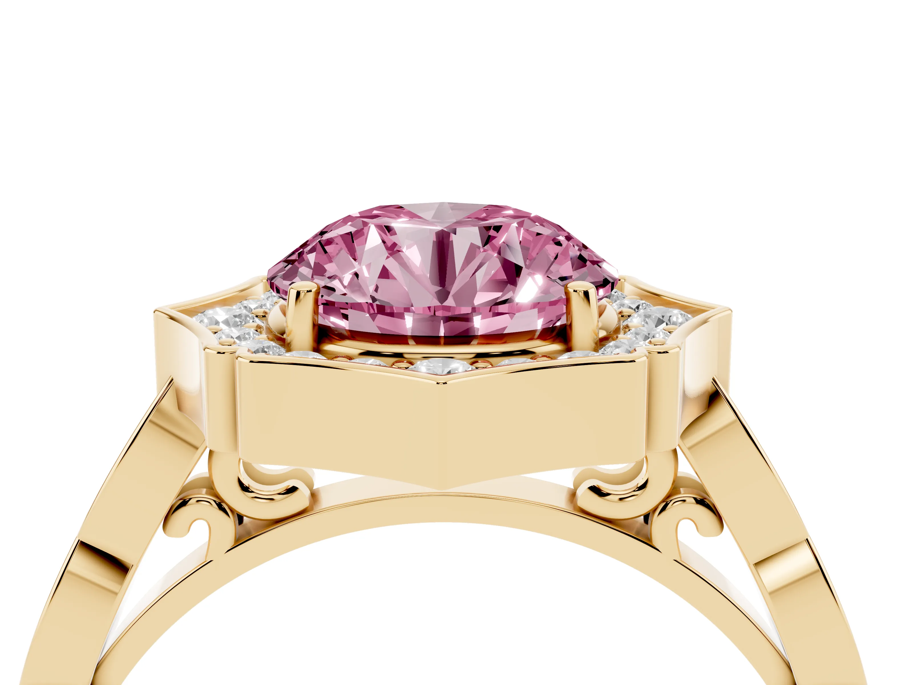 Fancy Pink Round Cut Diamond Halo Engagement Ring Set in Yellow gold with Milgrain Band and Prong Setting