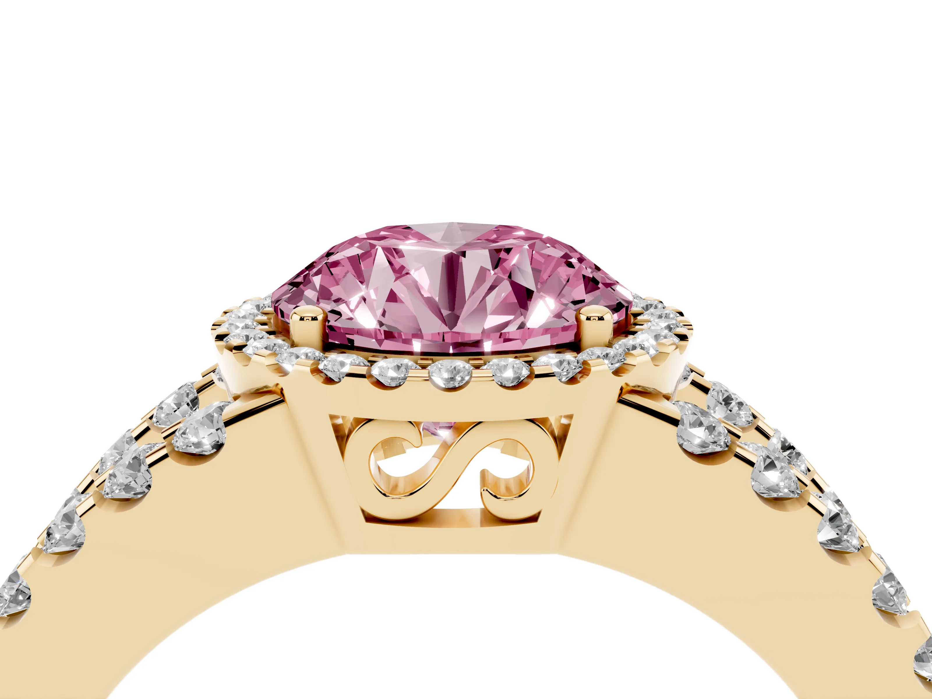 Fancy Pink Round Cut Diamond Halo Ring Set in Yellow gold with Pavé Split Shank and Prong Setting