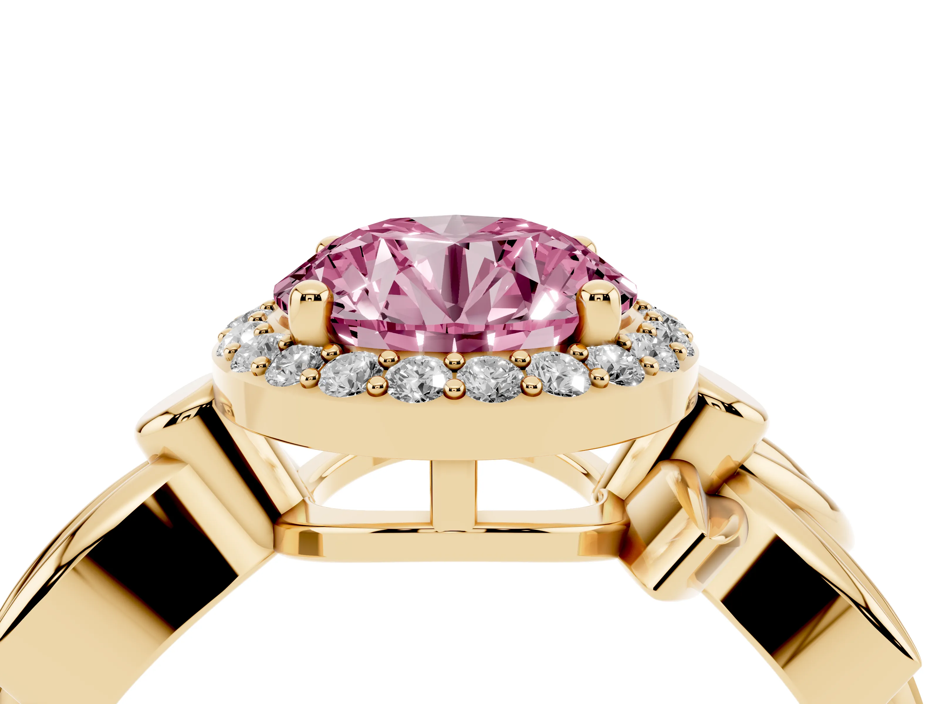 Fancy Pink Round Cut Diamond Halo Floral Band Ring Set in Yellow gold with Prong Setting