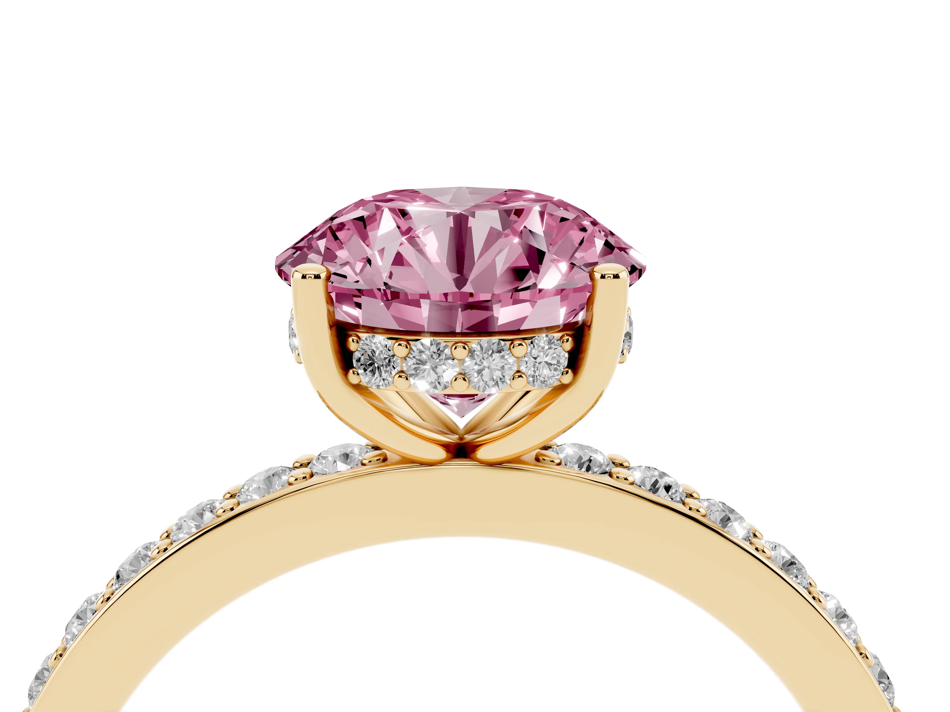 Fancy Pink Round Cut Diamond Pavé Band Ring Set in Yellow gold with Prong-Set Center Stone