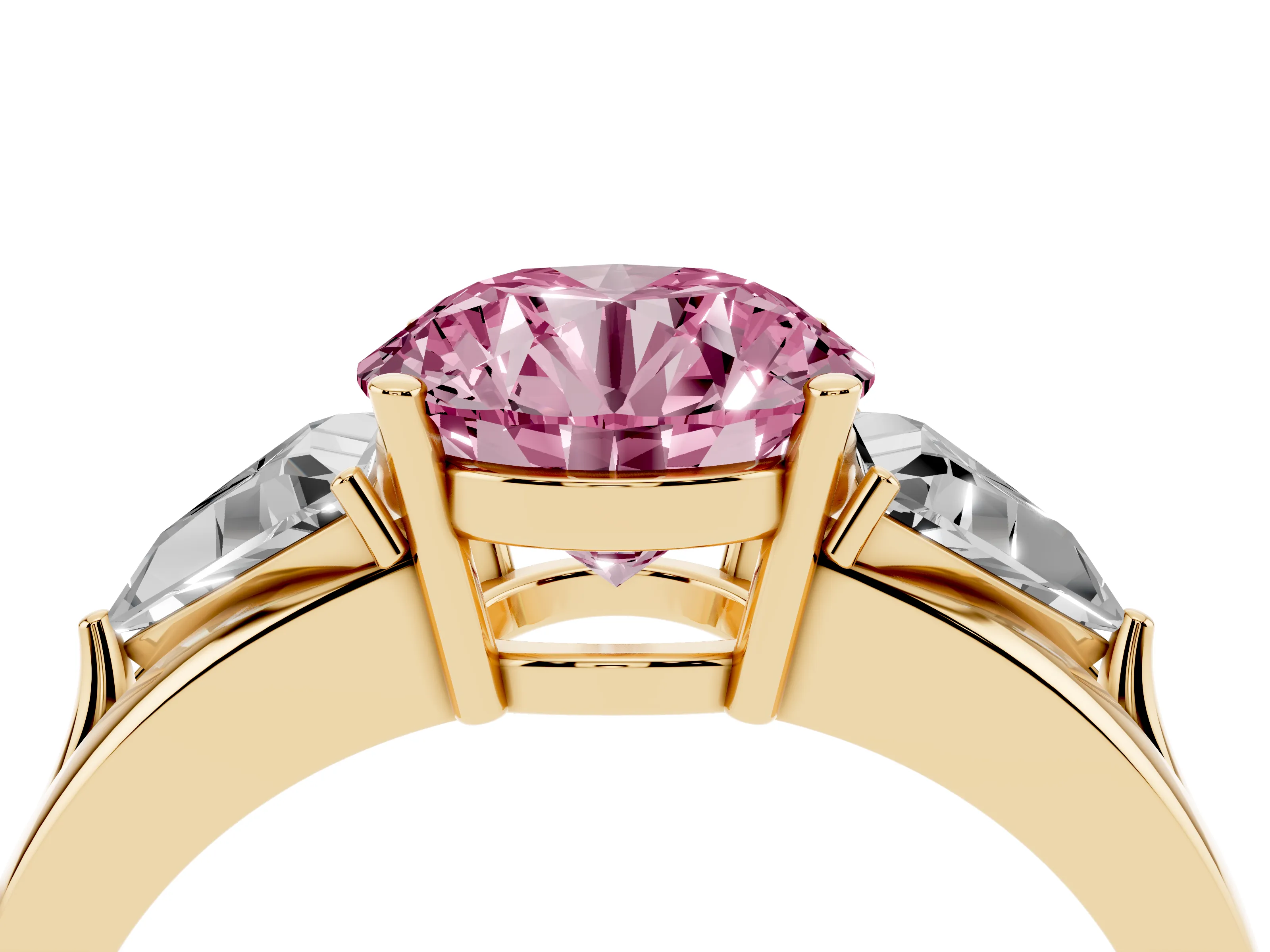 Fancy Pink Round Cut Diamond Three-Stone Ring Set in Yellow gold with Trillion Side Stones and Split Shank
