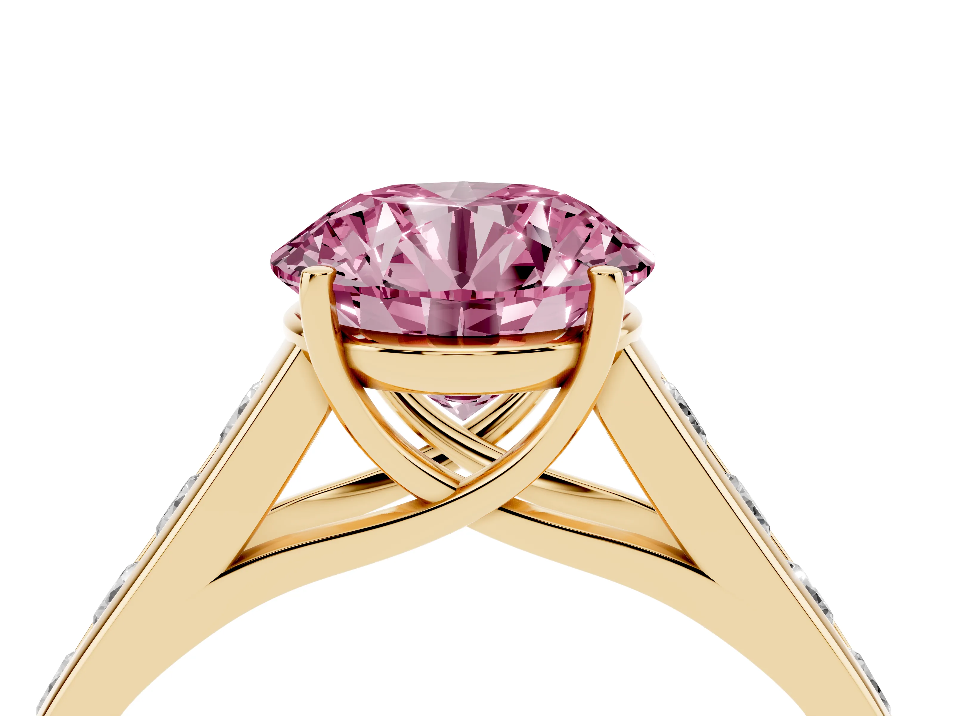Fancy Pink Round Cut Diamond Solitaire Channel-Set Engagement Ring Set in Yellow gold with Prong Setting
