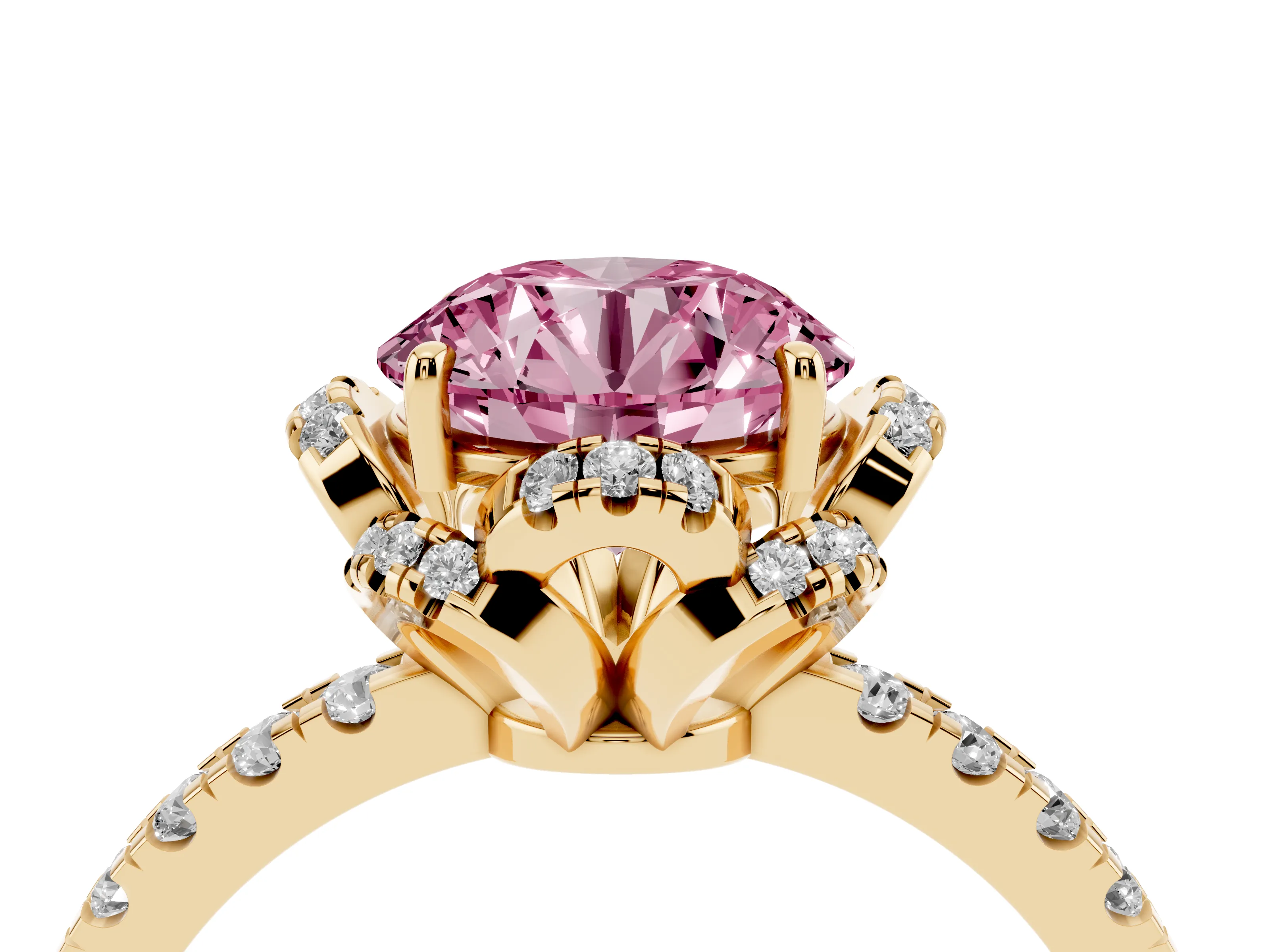 Fancy Pink Round Cut Diamond Halo Pavé Band Ring Set in Yellow gold with Prong-Held Center