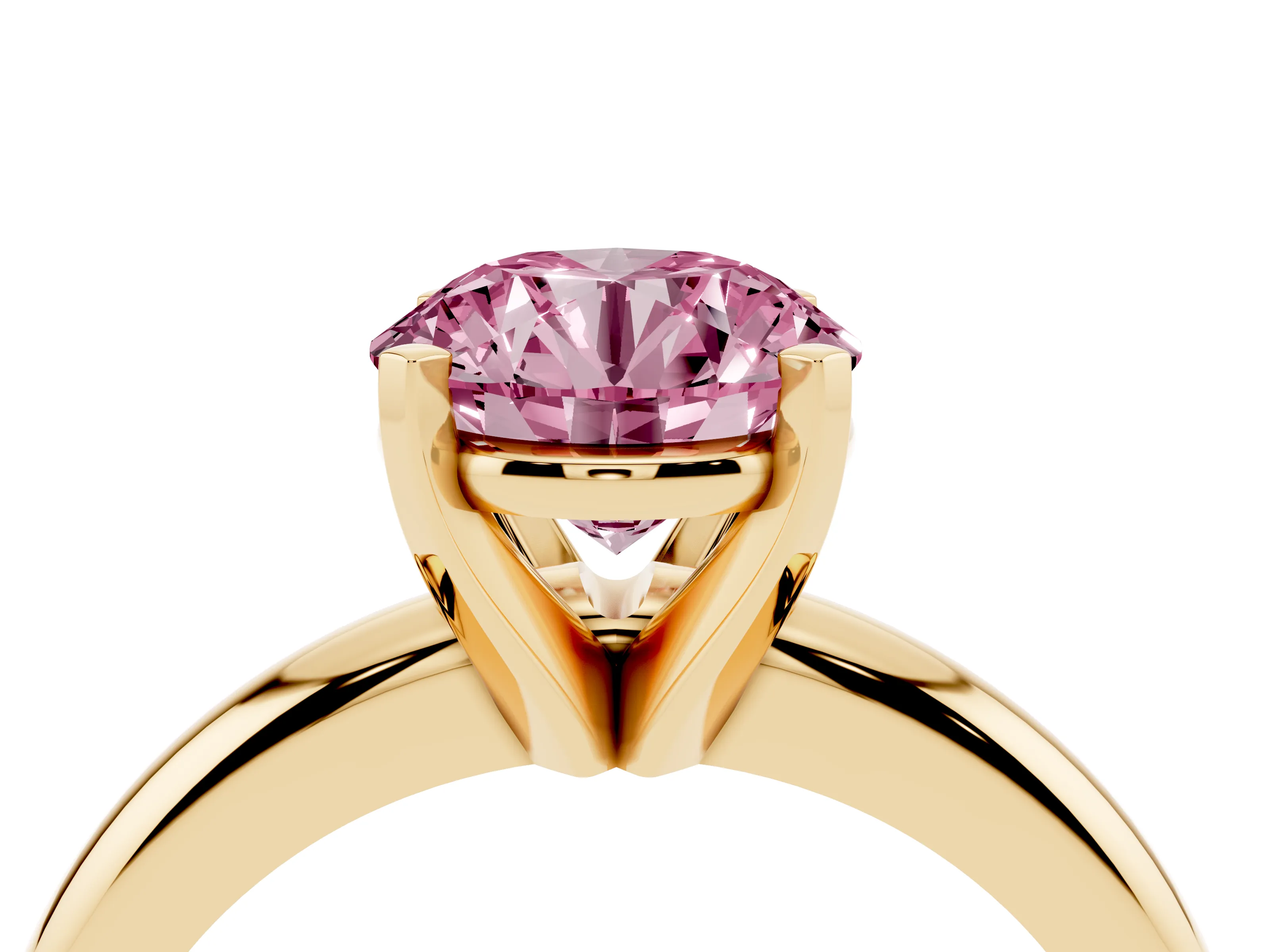 Fancy Pink Round Cut Diamond Solitaire Engagement Ring Set in Yellow gold with Round Band and Prong Setting