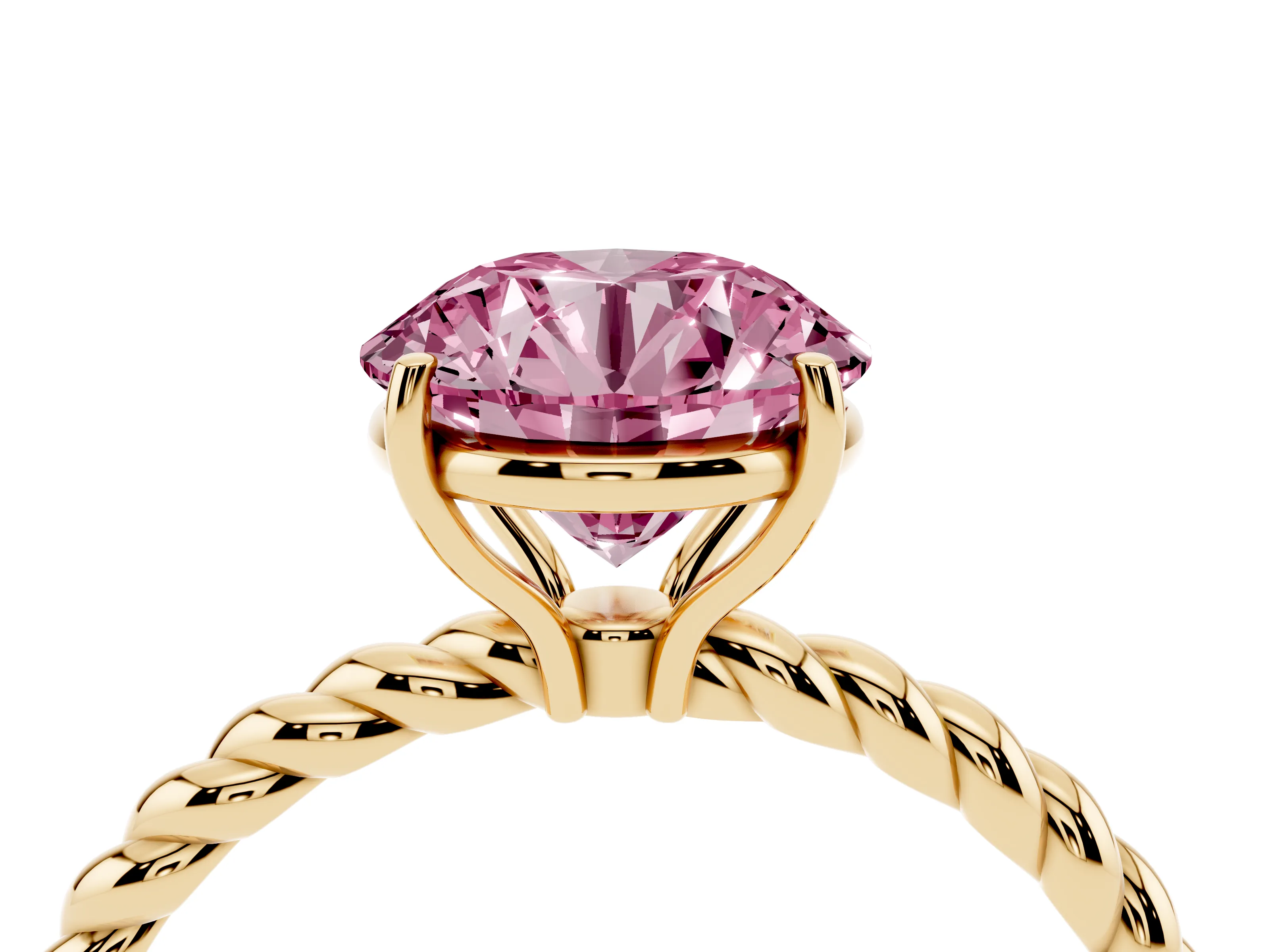 Fancy Pink Round Cut Diamond Solitaire Ring Set in Yellow gold with Twist Band and Prong Setting