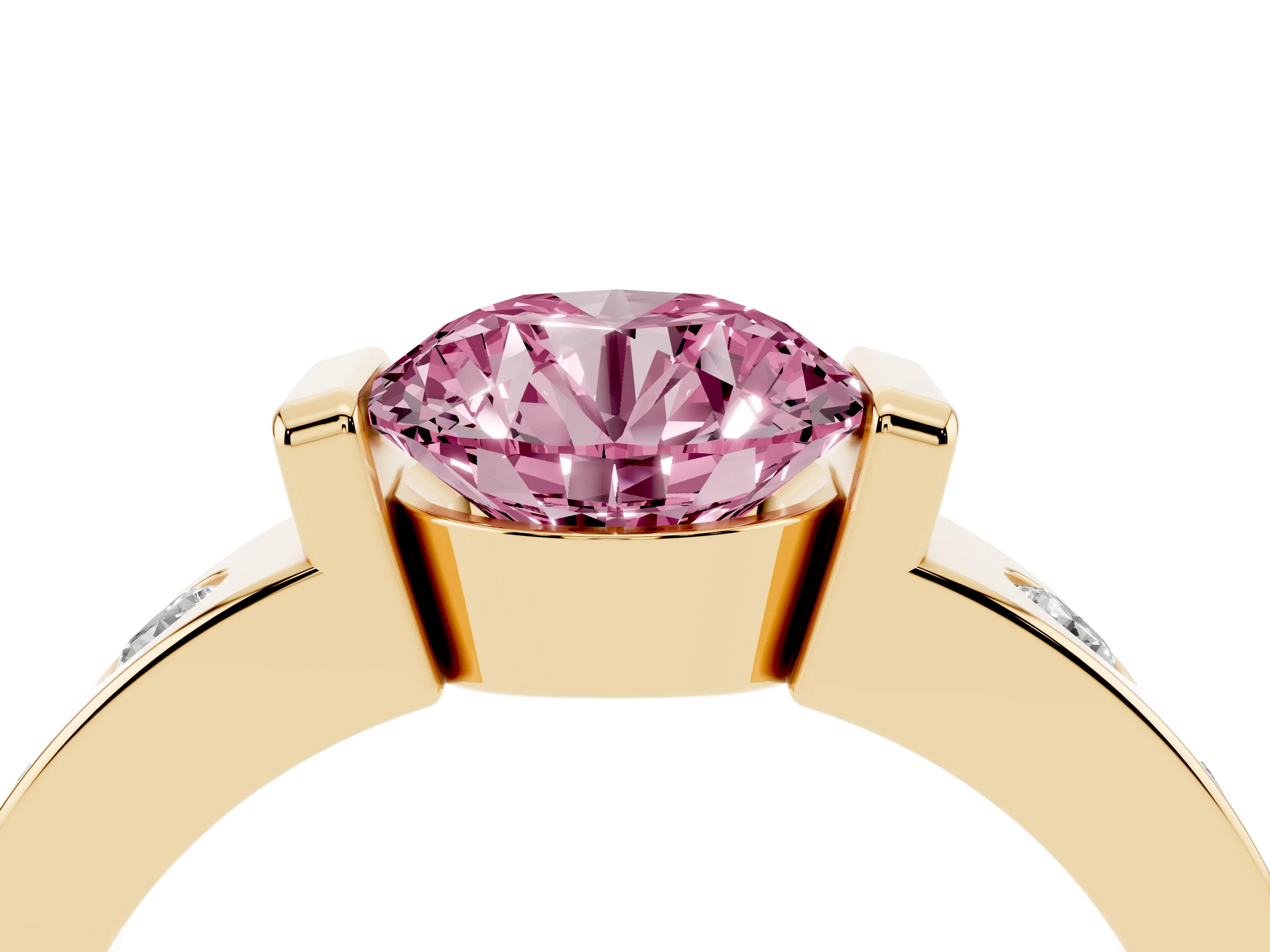 Fancy Pink Round Cut Diamond Channel-Set Band Ring Set in Yellow gold with Bezel Prong Setting