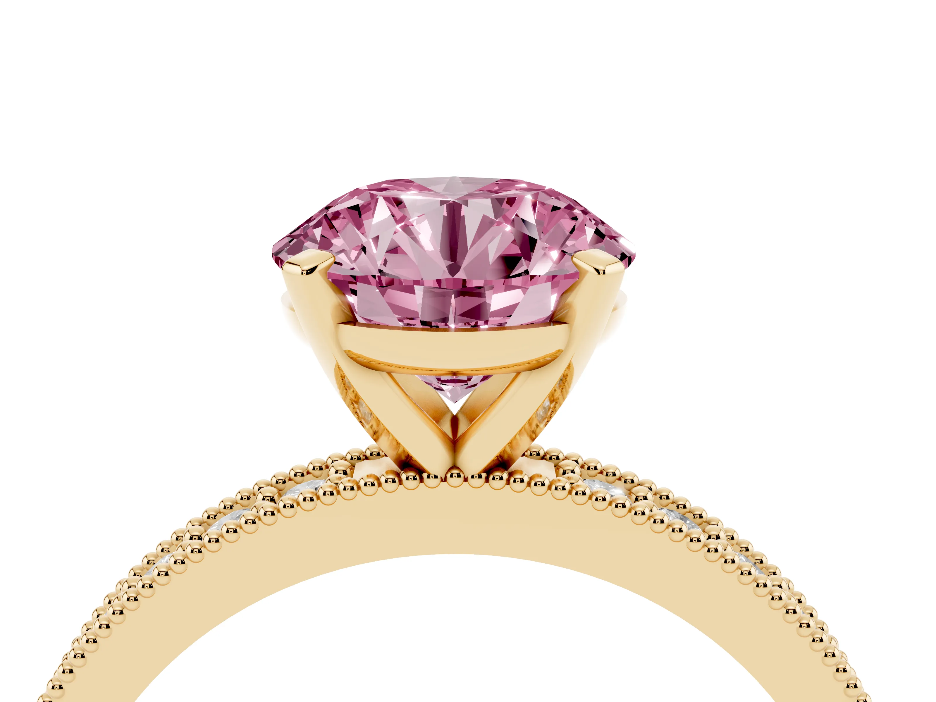 Fancy Pink Round Cut Diamond Milgrain Pavé Engagement Ring Set in Yellow gold with Prong Setting