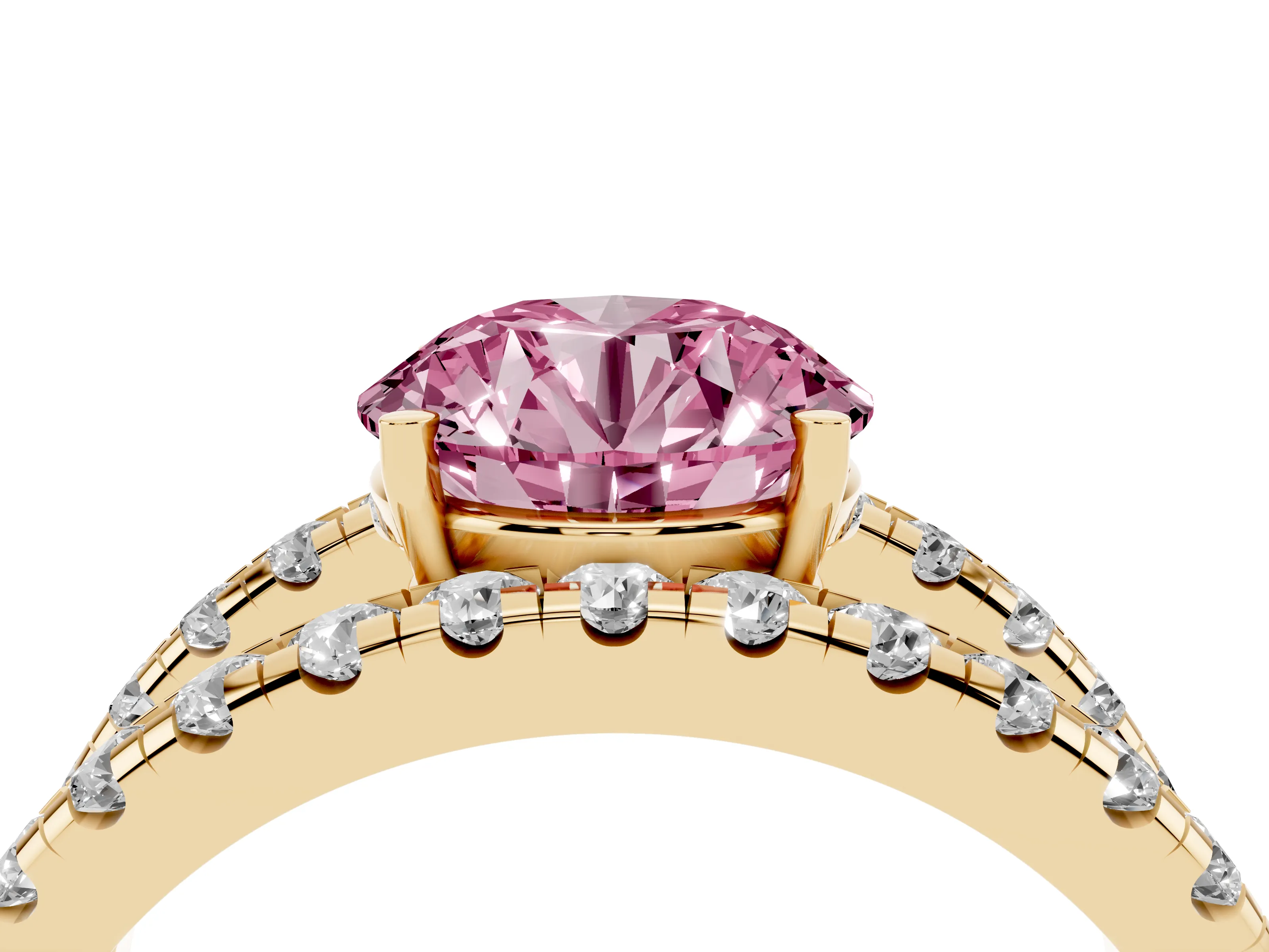Fancy Pink Round Cut Diamond Split Shank Pavé Solitaire Ring Set in Yellow gold with Open Shank Design