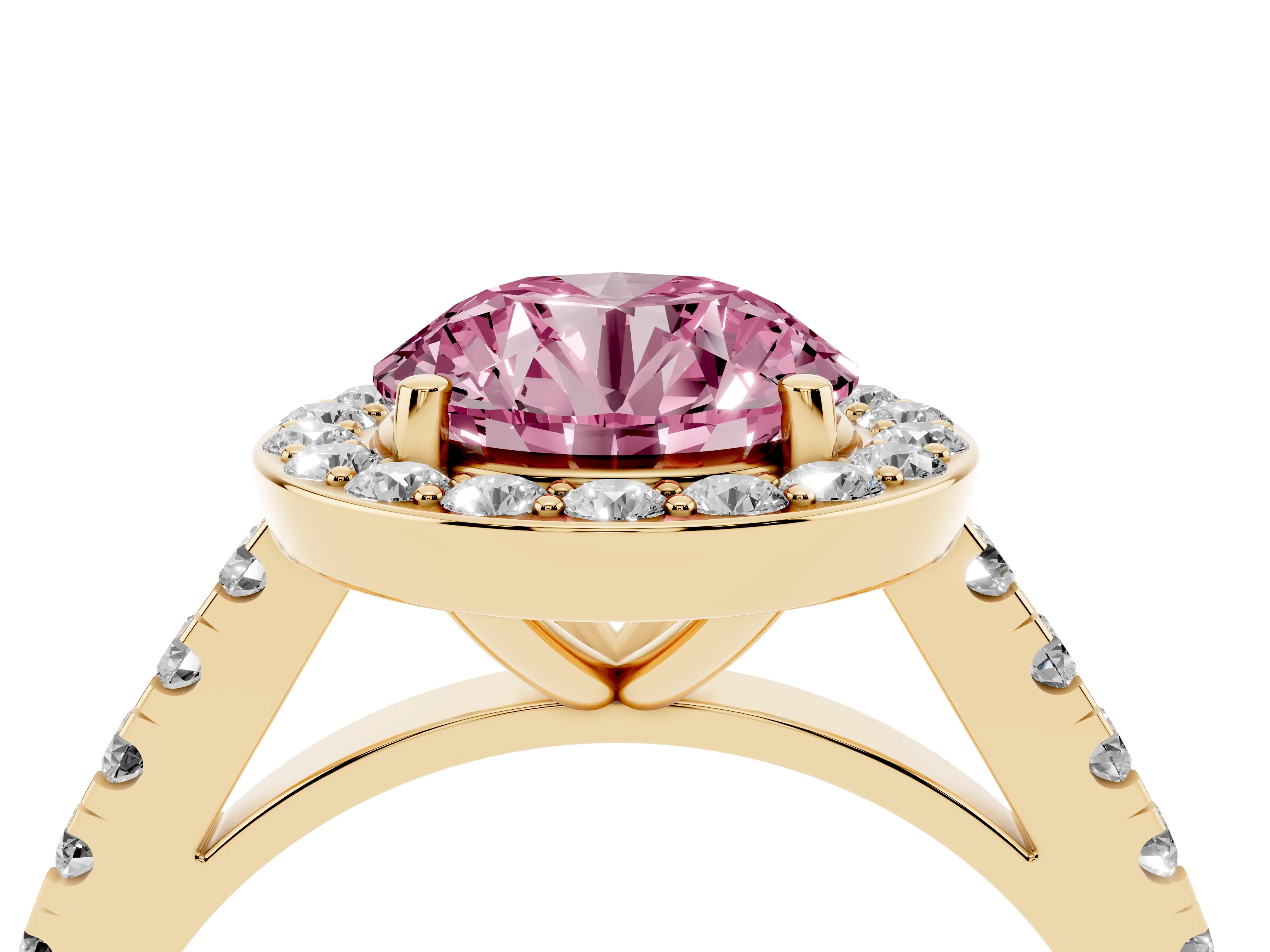 Fancy Pink Round Cut Diamond Halo Ring Set in Yellow gold with Round Pavé Split Shank and Prong Setting