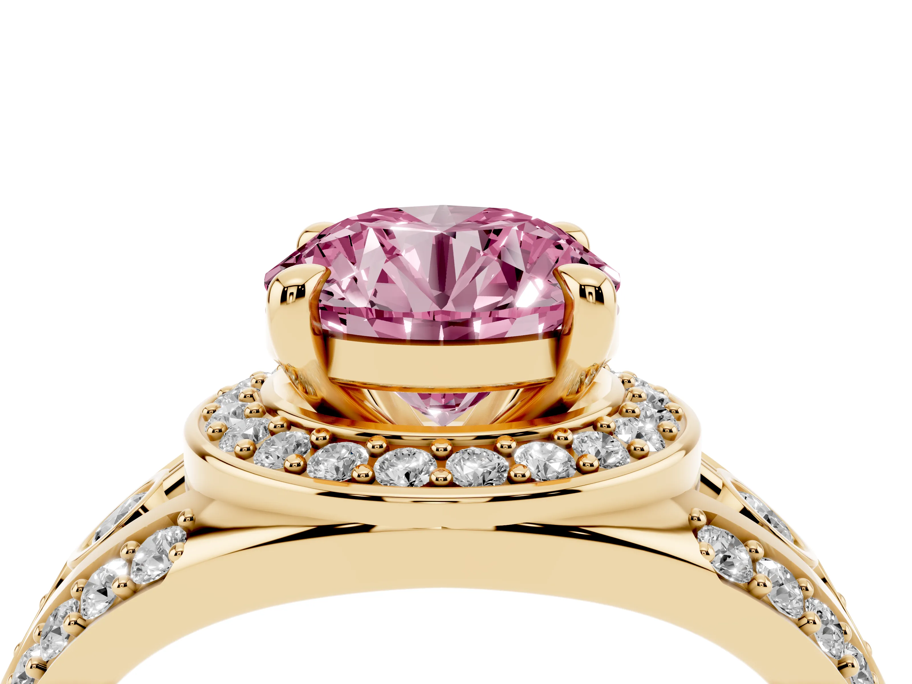Fancy Pink Round Cut Diamond Halo Ring Set in Yellow gold with Pavé Split Shank and Bezel Accents