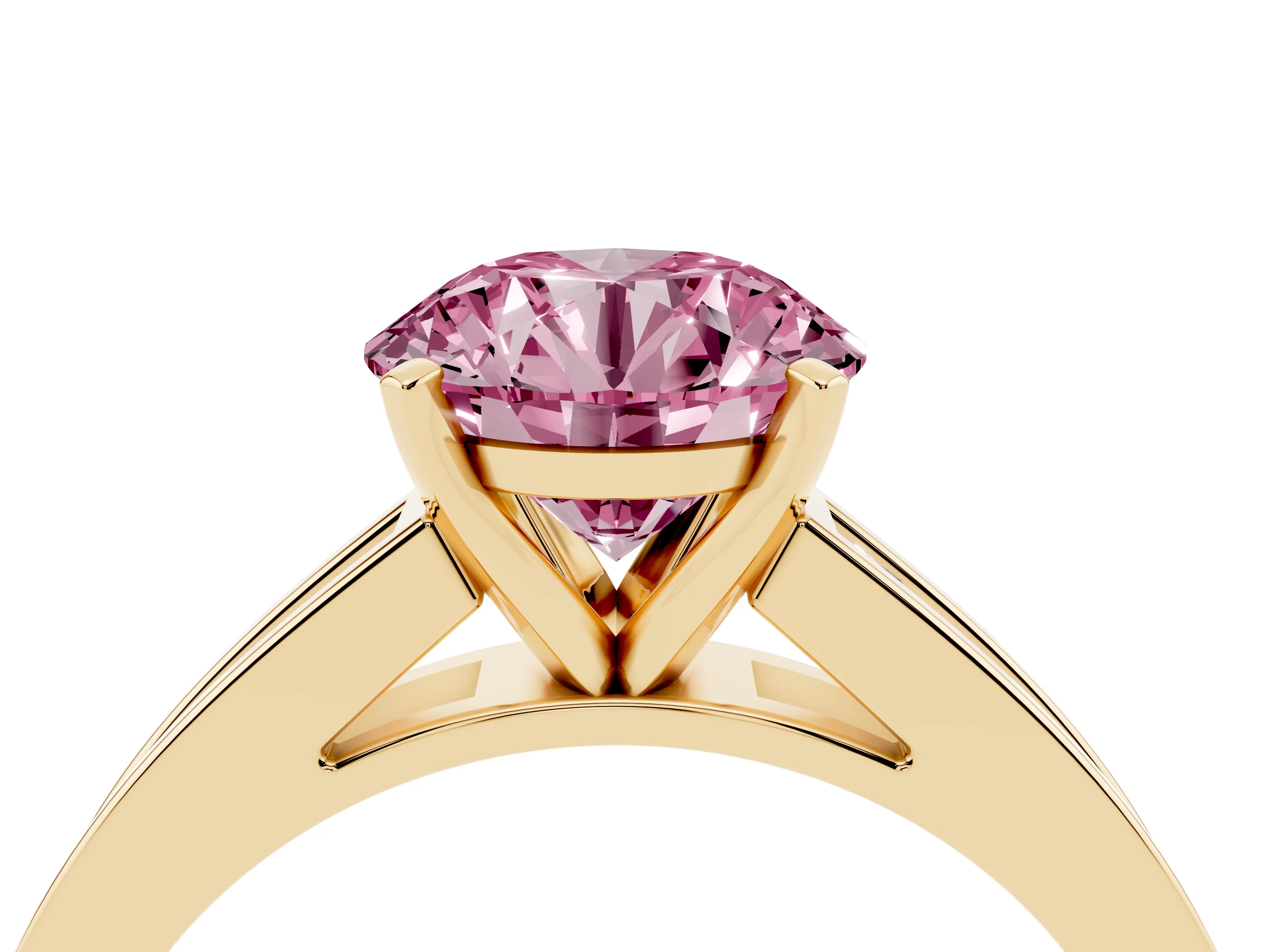 Fancy Pink Round Cut Diamond Solitaire Ring Set in Yellow gold with Channel-Set Band and Prong Setting