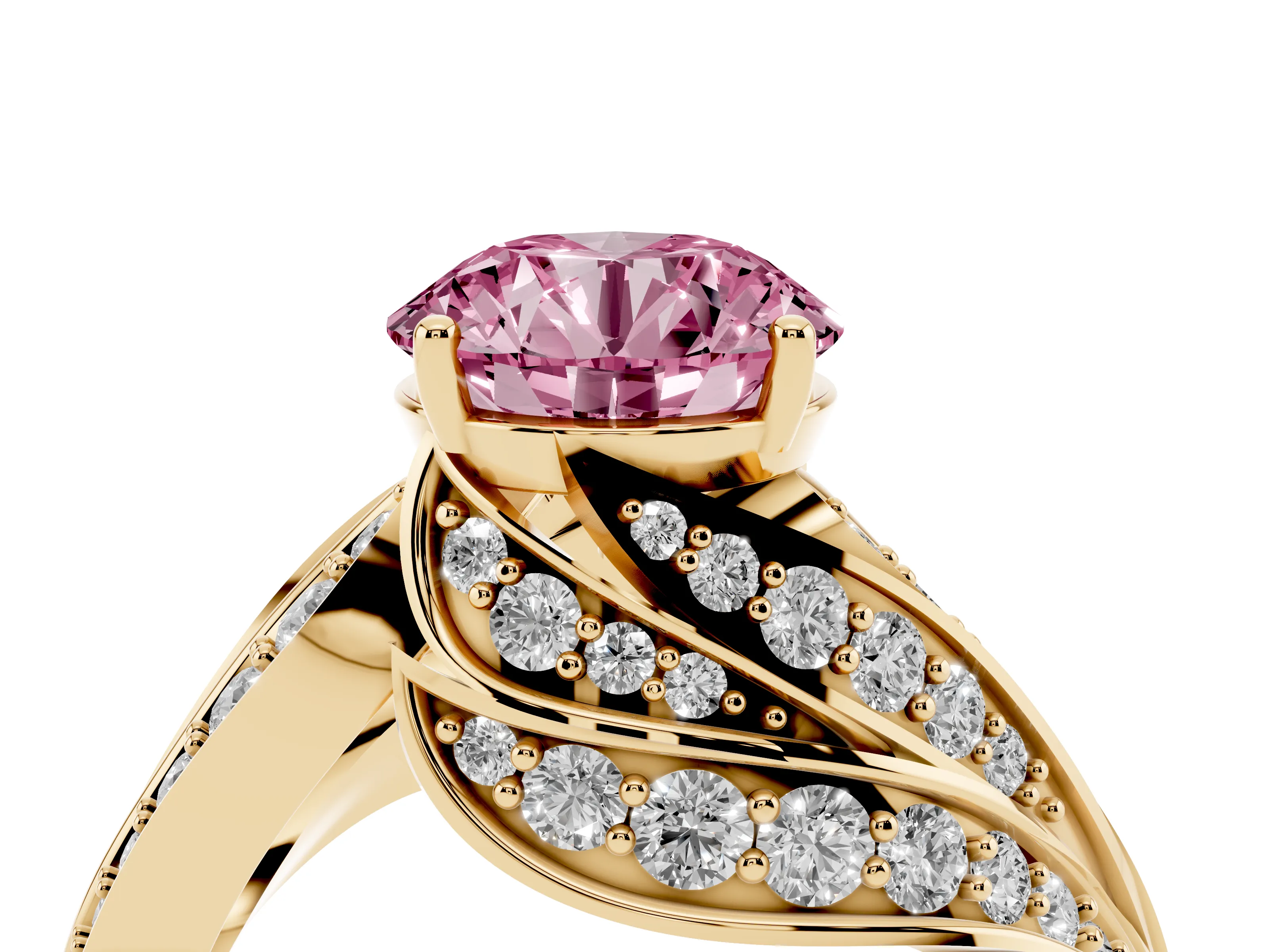 Fancy Pink Round Cut Diamond Solitaire Ring Set in Yellow gold with Layered Twist Pavé Band