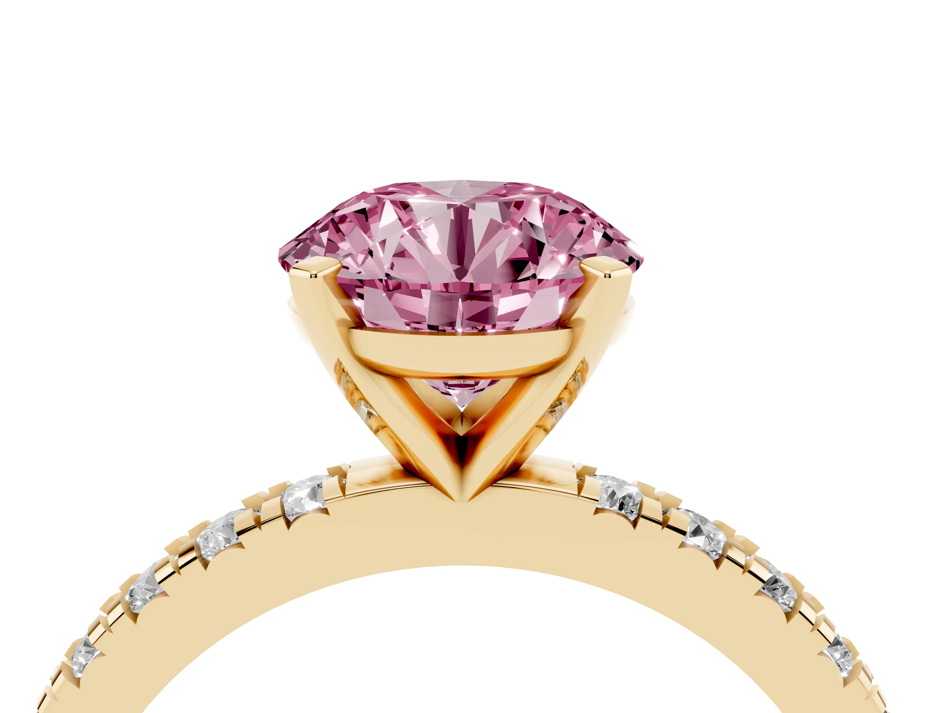 Fancy Pink Round Cut Diamond Pavé Band Solitaire Set in Yellow gold with Prong Setting