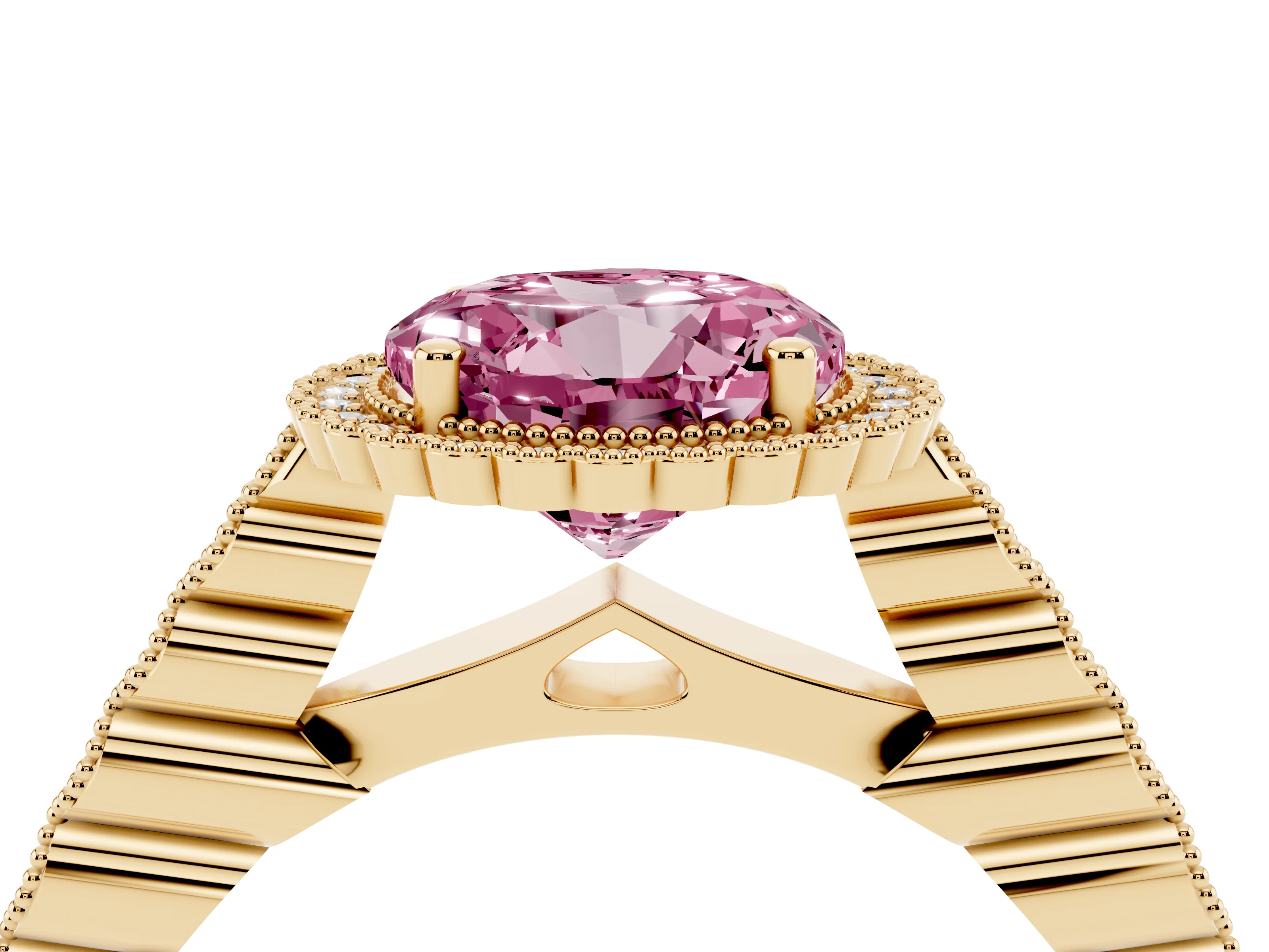 Fancy Pink Round Cut Diamond Halo Ring Set in Yellow gold with Pavé Milgrain Band