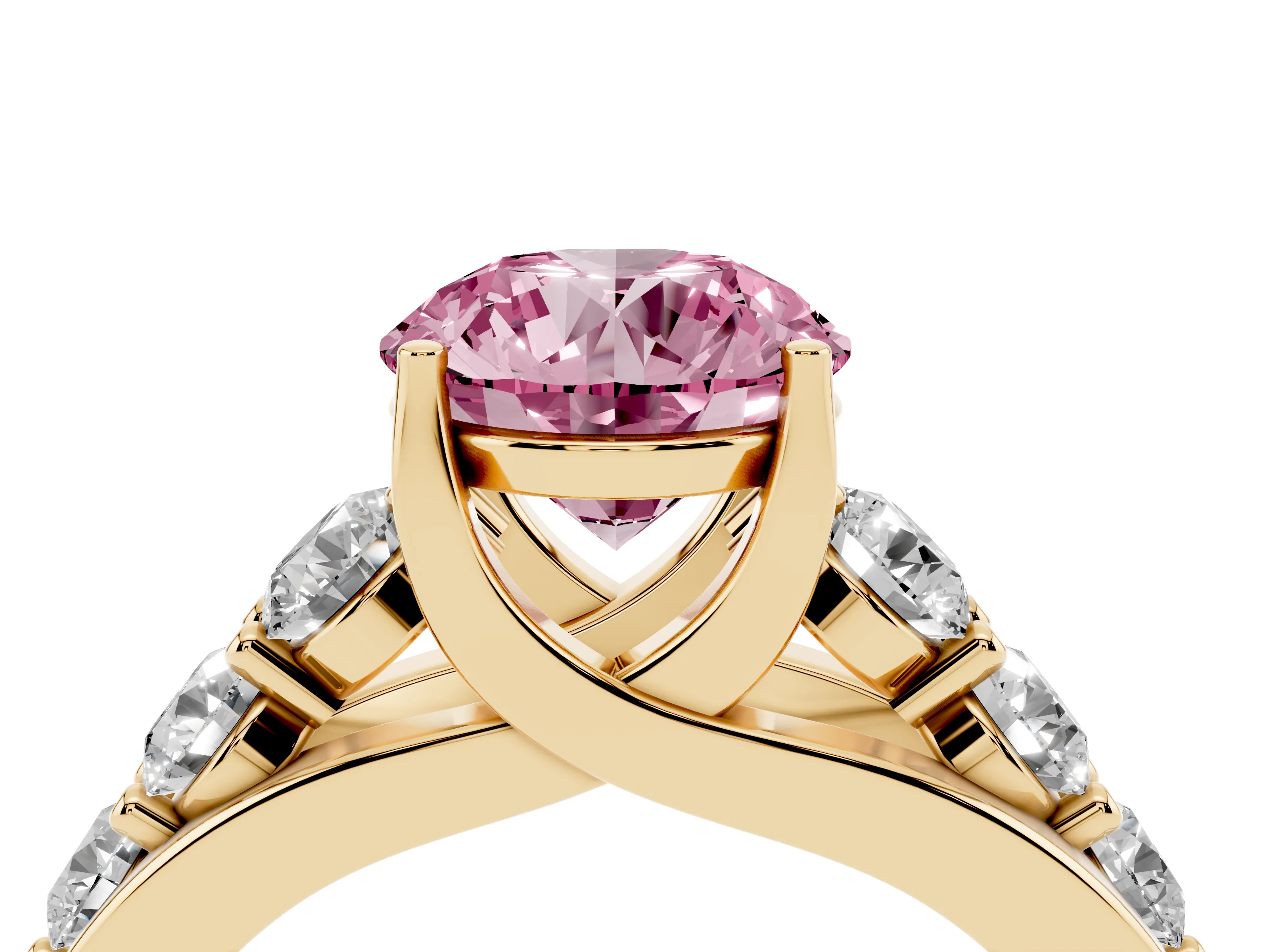 Fancy Pink Round Cut Diamond Pavé Engagement Ring Set in Yellow gold with Prong Setting